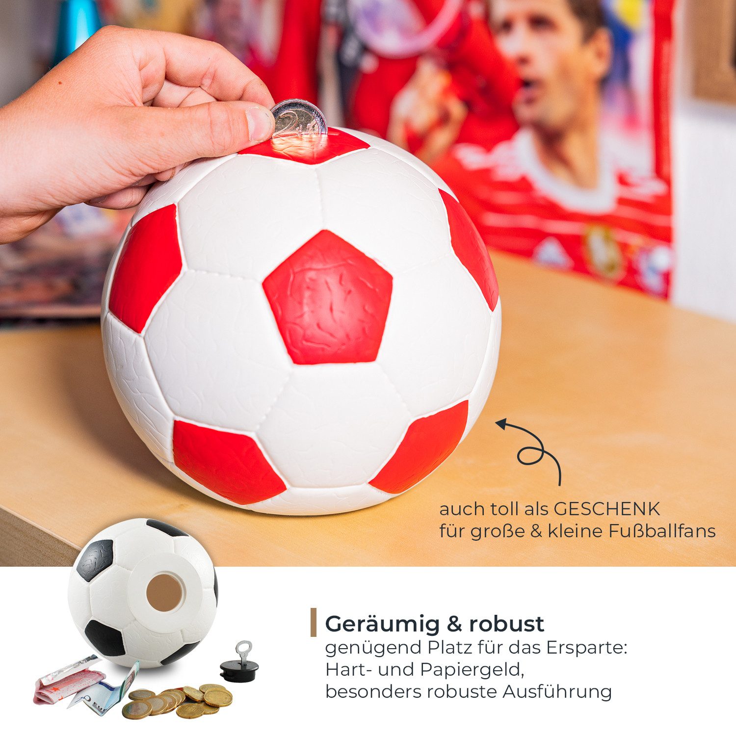 HMF Spardose Fußball-Spardose mit Schloss in Lederoptik, 15 cm Durchmesser, schwarz-weiß