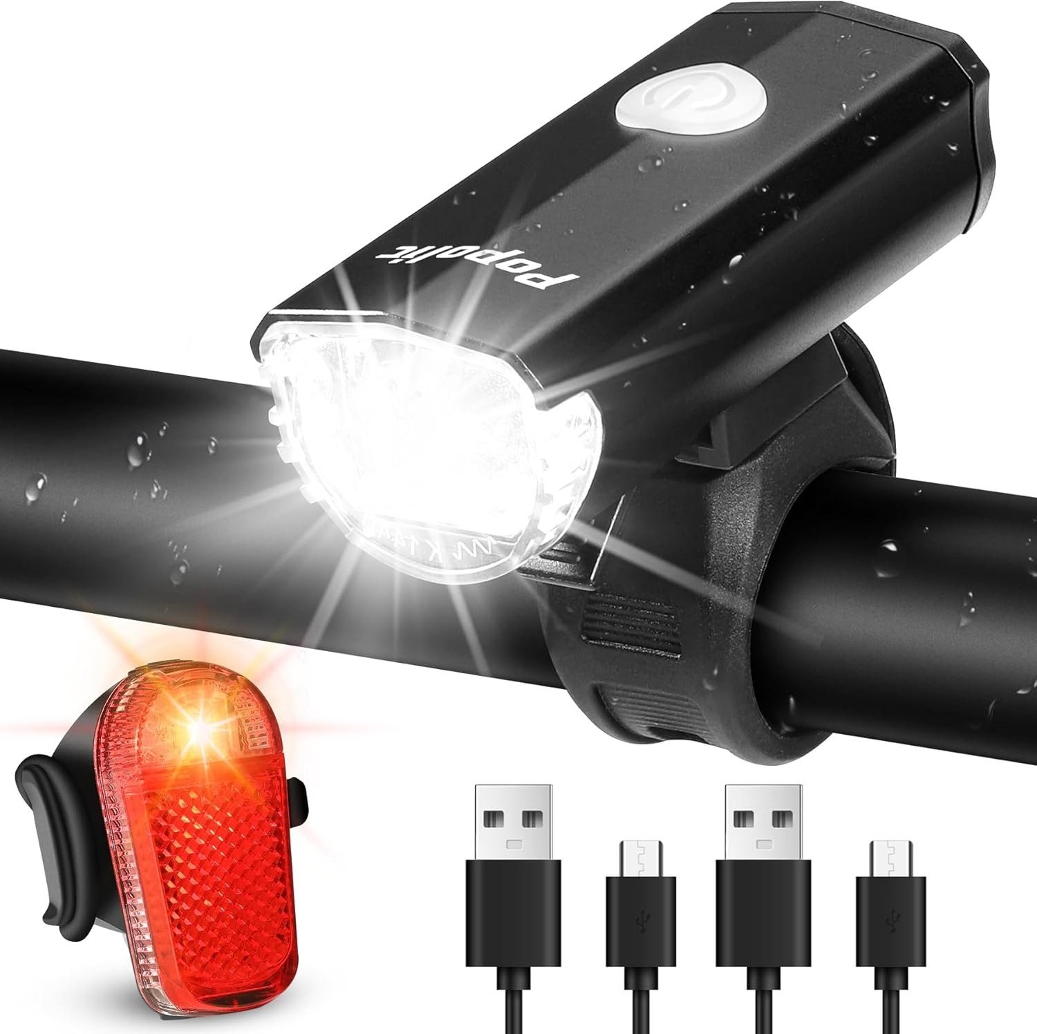 POPOLIC Fahrradbeleuchtung Fahrradlicht Set LED StVZO-30/15 LUX Fahrradbeleuchtung Set, 360° Beleuchtung-IPX4 Wasserdicht mit USB Akku Fahrradlampe