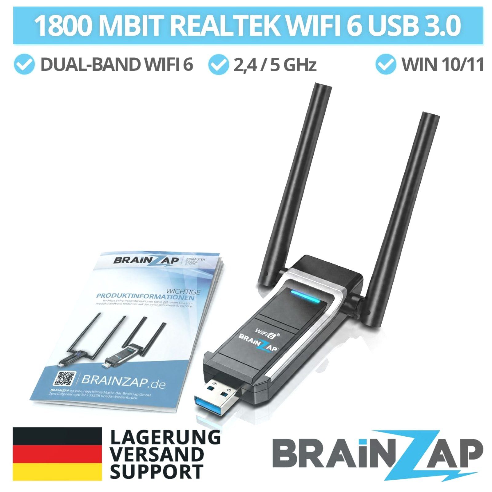 BRAINZAP WLAN-Adapter WiFi 6 (802.11ax) AX1800 USB 3.0 WLAN-Stick, WiFi 6 (802.11ax)