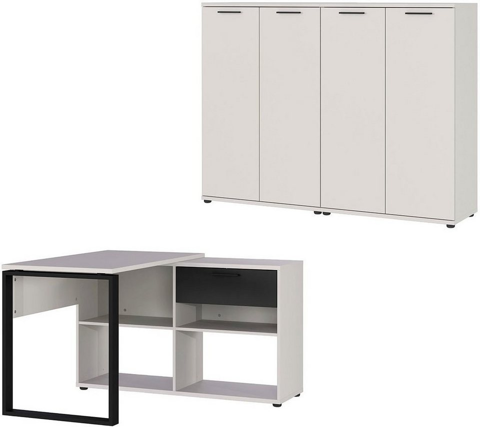 GERMANIA Büro-Set Fenton, (3-St), inkl. Schreibtisch mit integriertem  Sideboard und zwei Aktenschränken, Griffe und Kufe aus pulverbeschichtetem  Metall