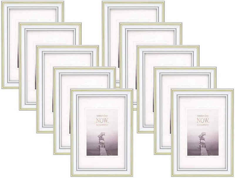 EUGAD Bilderrahmen, (10 St), 10er Set Kunststoff Fotorahmen mit Passepartout, Glasscheibe Vintage Fotogalerie Bilderrahmen College, weiß+Gold, 10x15cm
