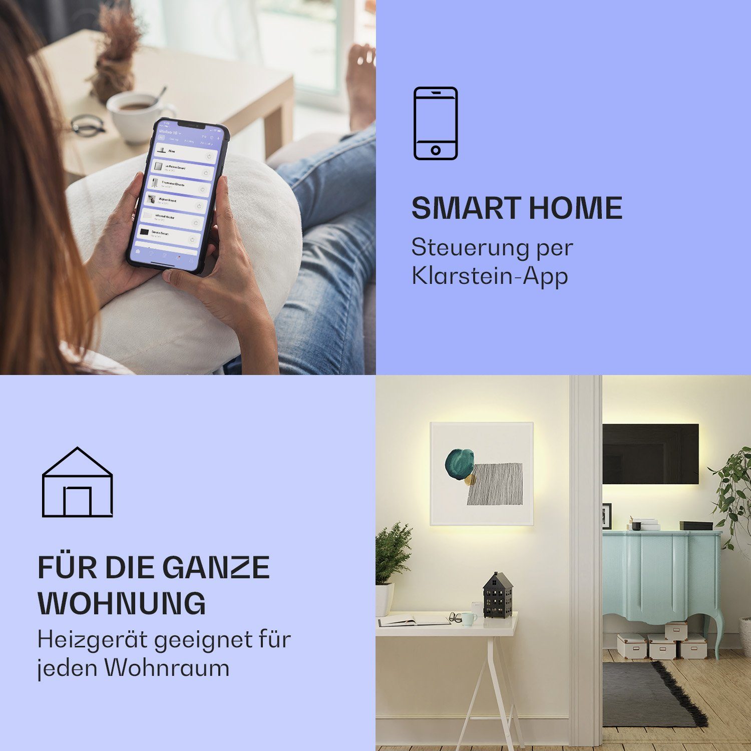 Klarstein Heizgerät, smart mit Heizung Wärmestrahlung Thermostat Infrarot elektrischer 2-in-1 Mojave Schwarz Heizkörper 1000