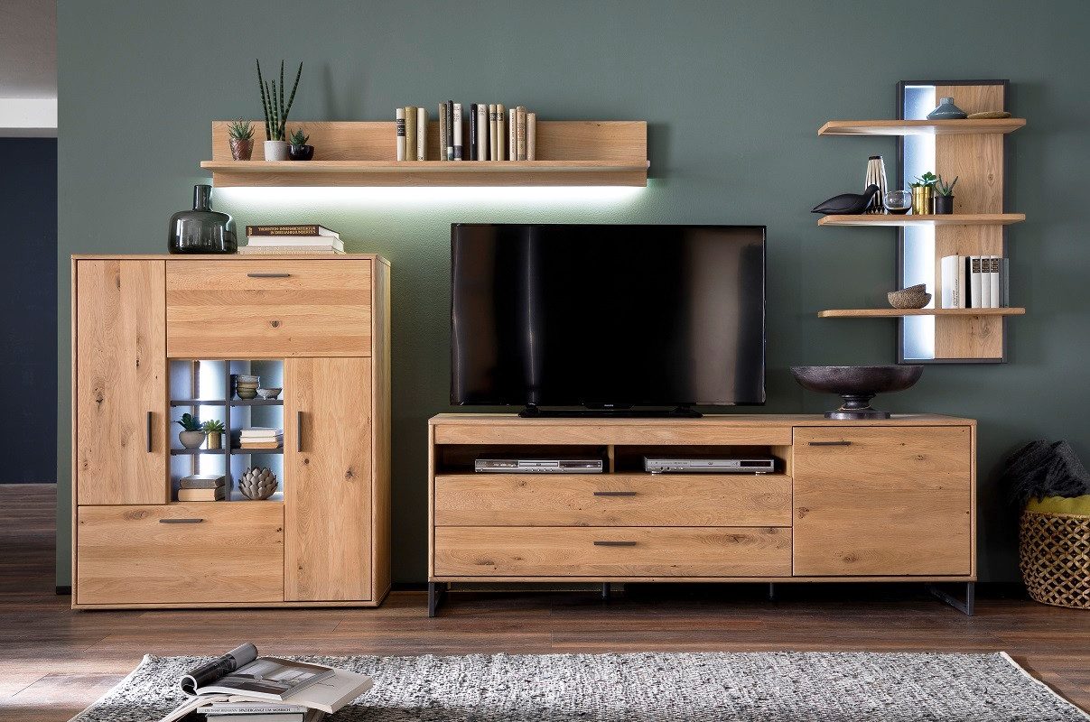MCA furniture Wohnwand Wohnwand Anbauwand Portland, Asteiche Bianco massiv, 4-teilig, (4-St)