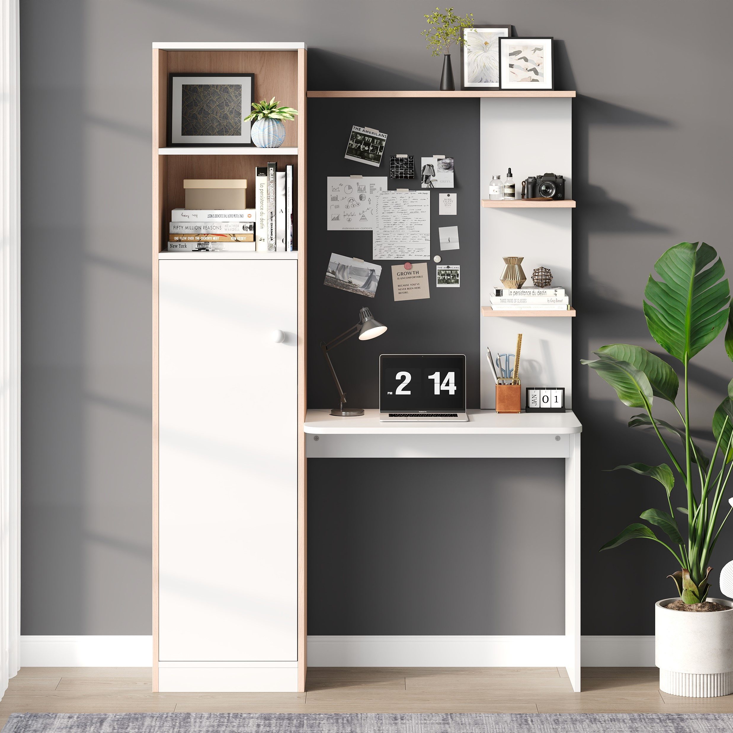 Flieks Regal-Schreibtisch Computertisch mit Hochschrank und Ablagen (123,5x45x168,5 cm, 1-St), Arbeitstisch mit Ablagen und 5 Fächern Bürorisch Holzoptik Weiß&Natur