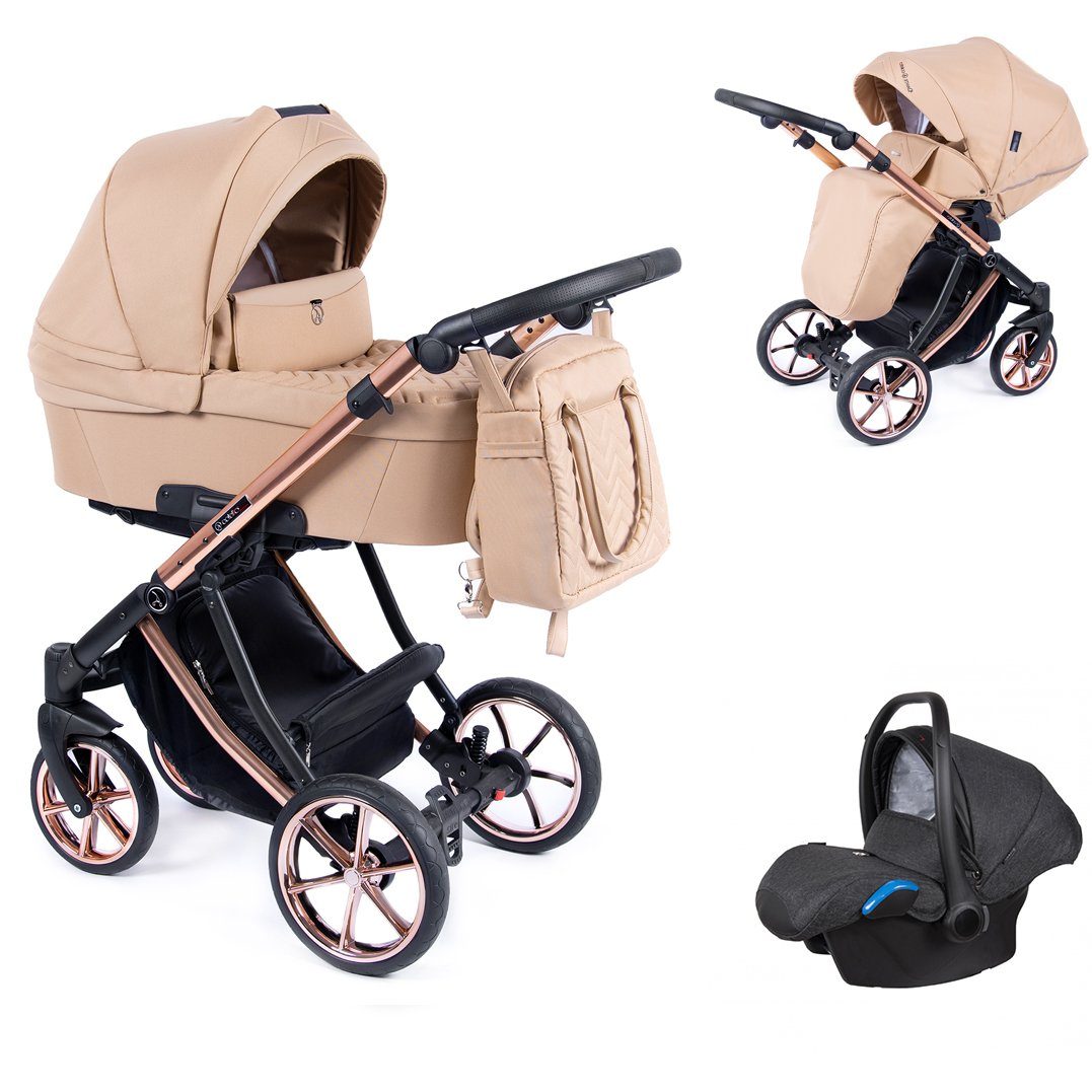 babies-on-wheels Kombi-Kinderwagen 3 in 1 Kinderwagen-Set Dante - 13 Teile - in 16 Farben Beige = Gestell kupfer