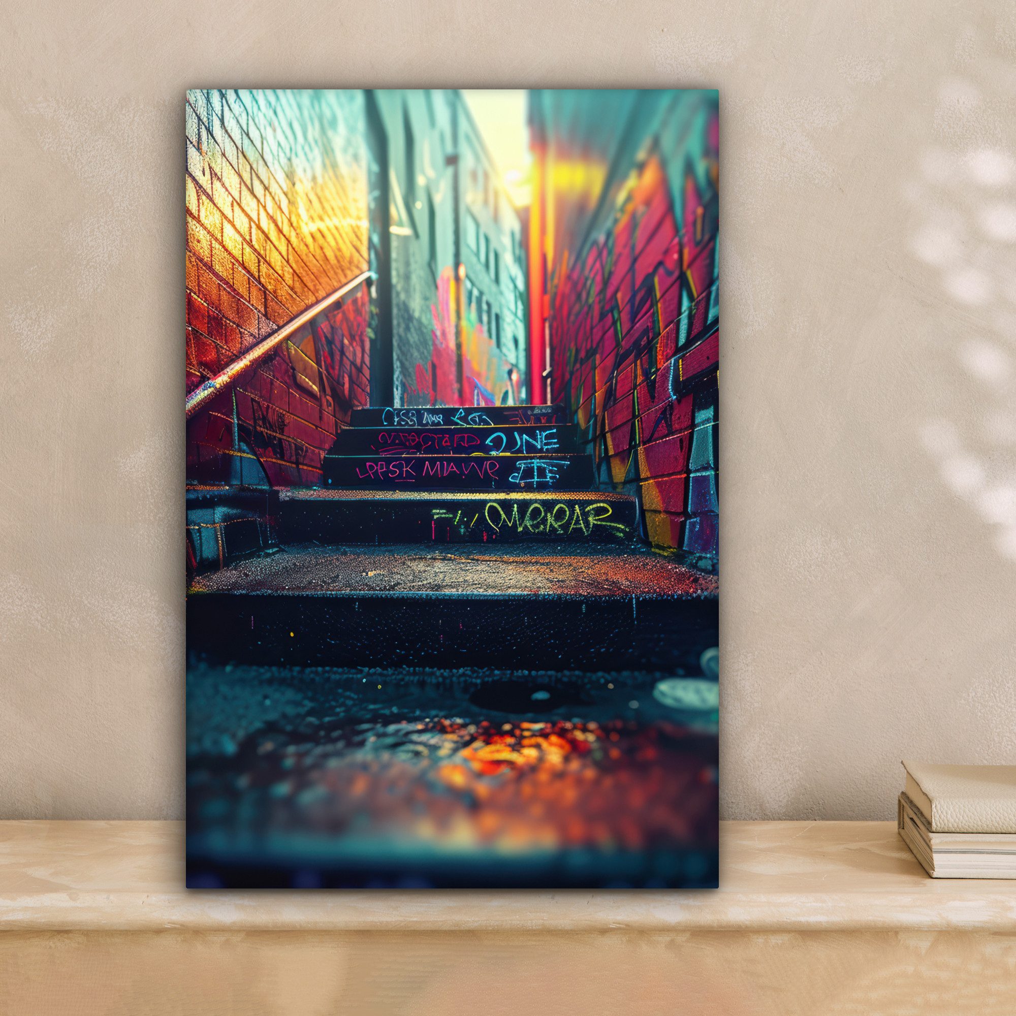 OneMillionCanvasses® Leinwandbild Architektur - Neon - Treppe - Graffiti, F günstig online kaufen