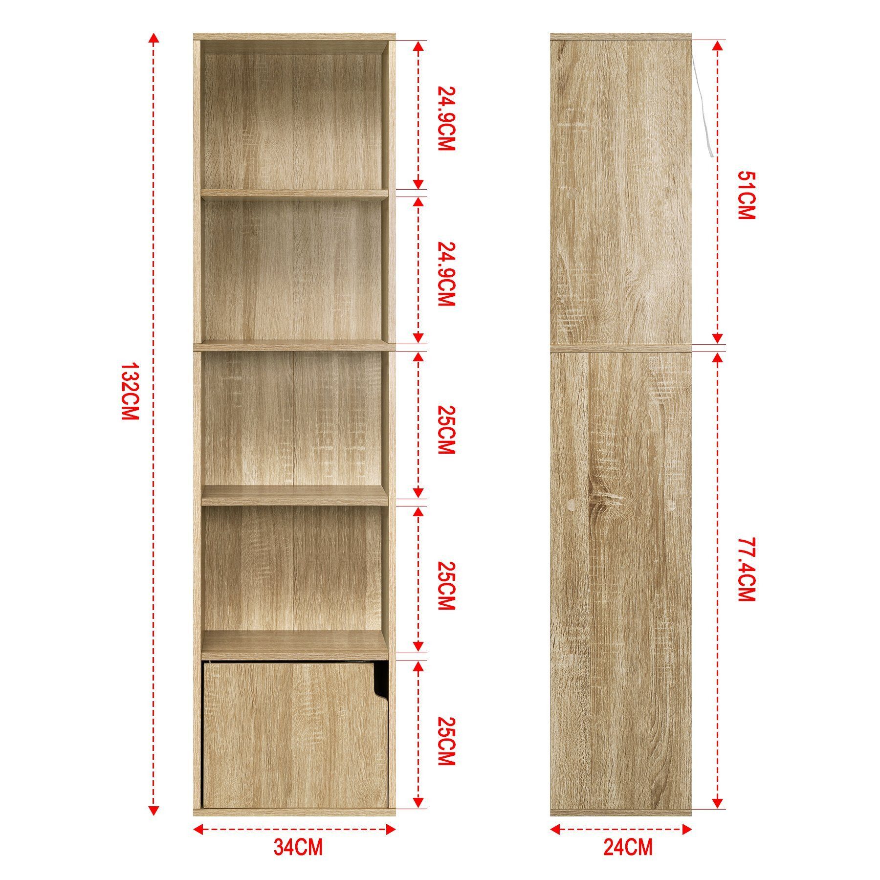 EUGAD Bücherregal, 1-tlg., mit 5 Fächern 1 Tür aus MDF, 34x132x24cm