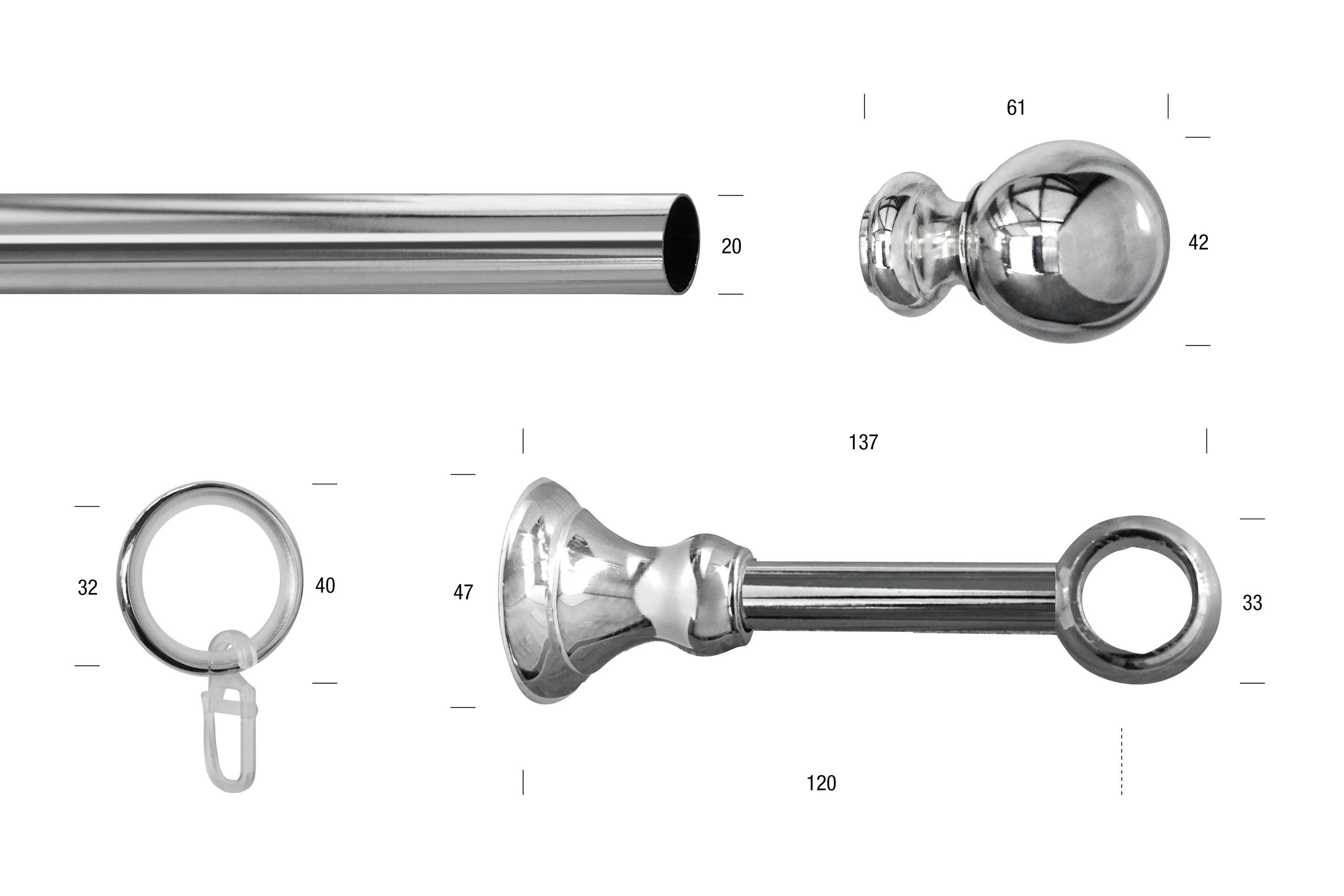 GARESA Gardinenstange ANDREA, Ø 20 mm, 1-läufig, Wunschmaßlänge, verschraubt, Metall, Vorhanggarnitur, verlängerbar, Endknopf Kugel lang, mit Ringen