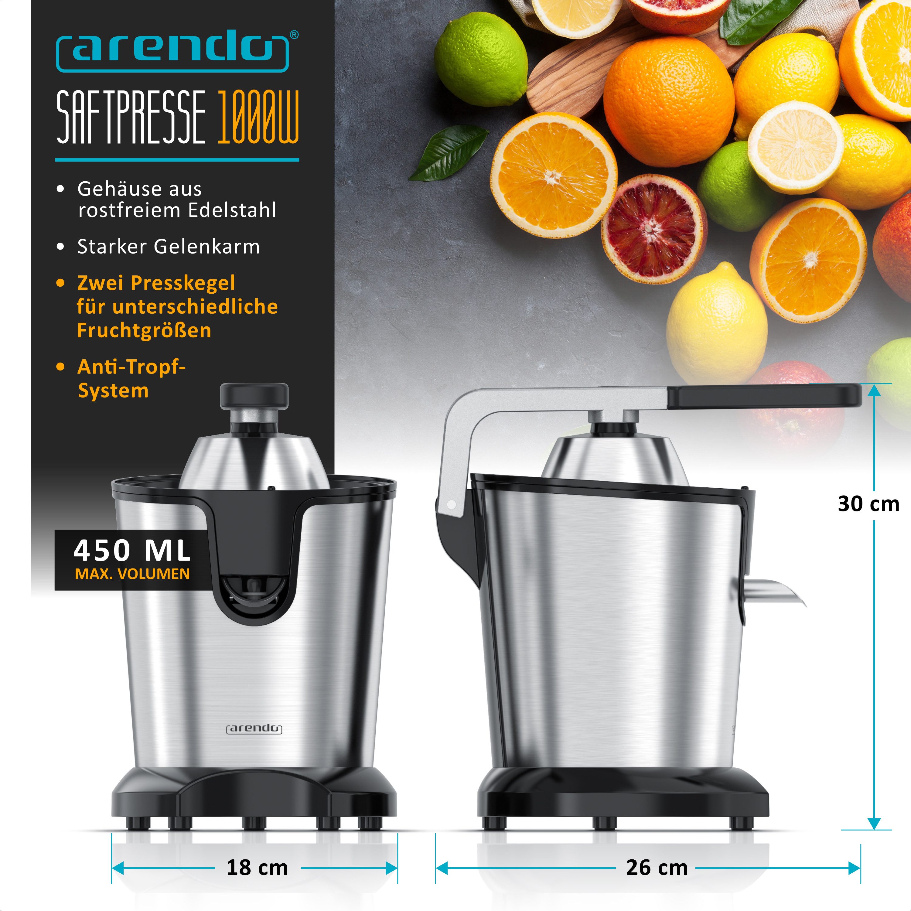 Arendo Entsafter Saftpresse elektrisch, Zitruspresse, Orangenpresse, Edelstahlkegel, 1000 W, 0,45 L Behälter, 2 Presskegel, spülmaschinengeeignet, BPA frei