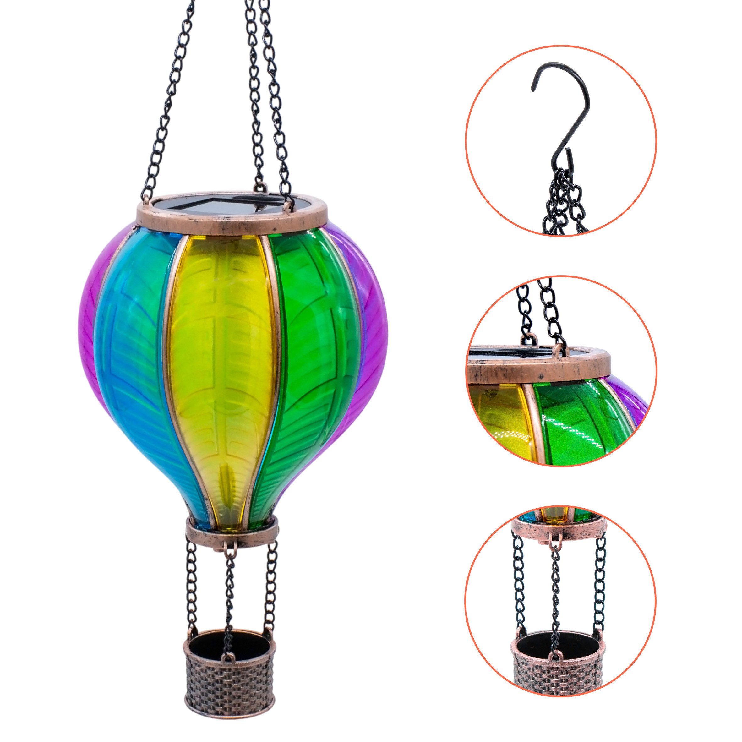 Spetebo LED Dekolicht Solar LED Heißluftballon bunt zum Hängen, Dämmerungssensor, LED fest integriert, warm weiß, Garten Lichtspiel mit Flammen Effekt warm weiß – Bild 4 von 5