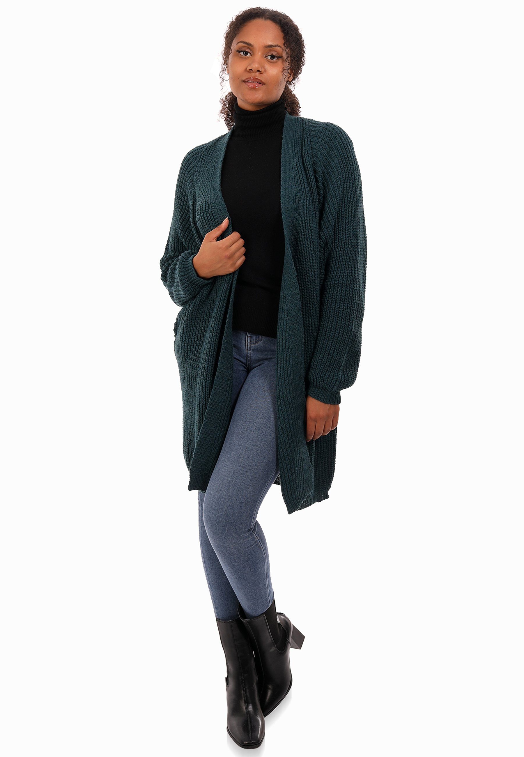 Strickjacke casual, Size mit & langen Ärmeln Cardigan Oversize (1-tlg) YC Style verschlusslos petrol Cardigan Plus Fashion Basic-Form