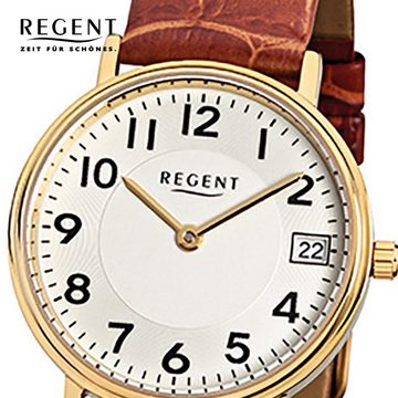 Regent Quarzuhr Regent Damen-Armbanduhr braun Analog F-328, Damen Armbanduhr rund, klein (ca. 28mm), Lederarmband