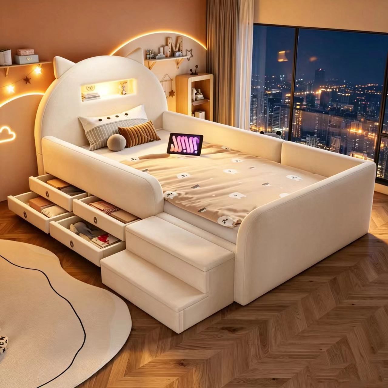 Flieks Polsterbett mit Niedlichem Kopfteil in Ohrenform, Kinderbett 90x200cm mit Nachtlicht, USB-Anschluss und 4 Schubladen