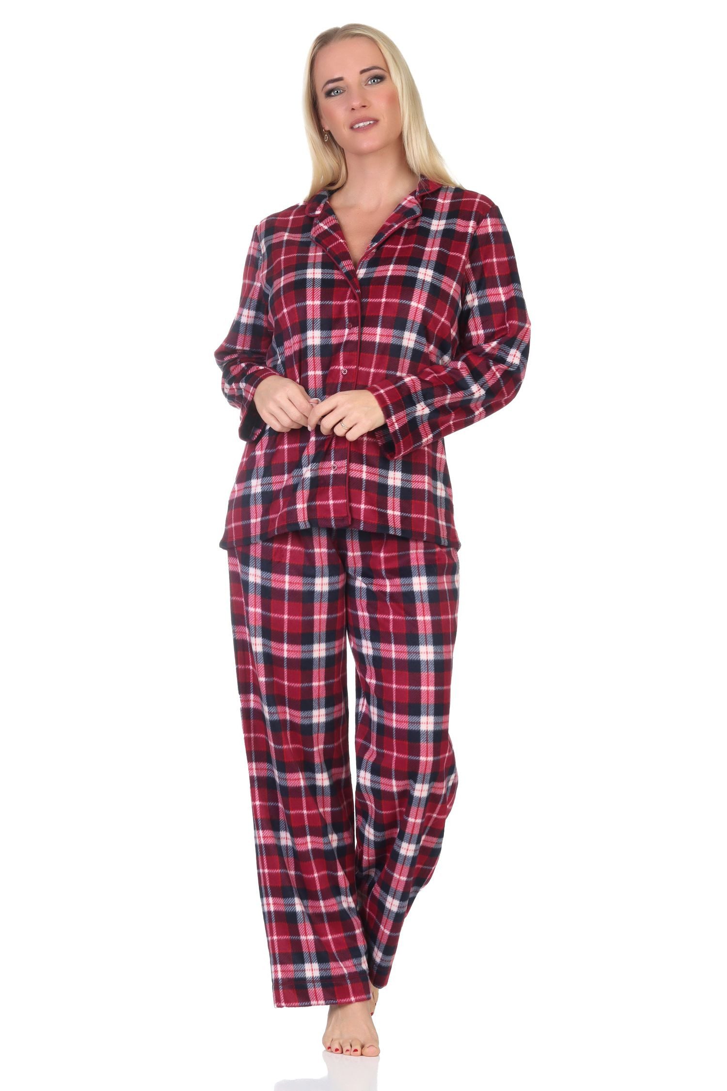 Pyjama Normann Damen Fleece Schlafanzug in edler Karo-Optik zum durchknöpfen