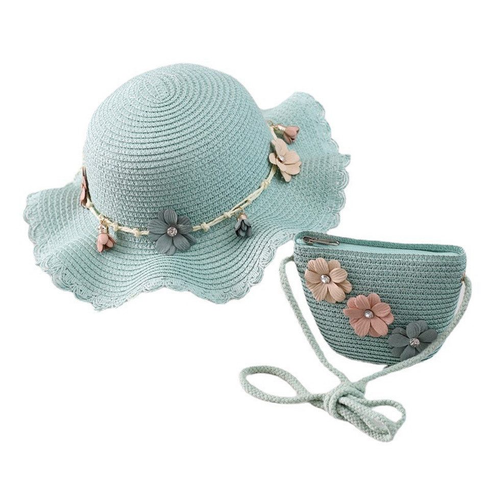 Coonoor Sonnenhut Strohhut-Set für Kinder: Süßer Sommerhut und Strohtasche für Mädchen Reisehut mit Blumen-Dekoration für Strand, Urlaub