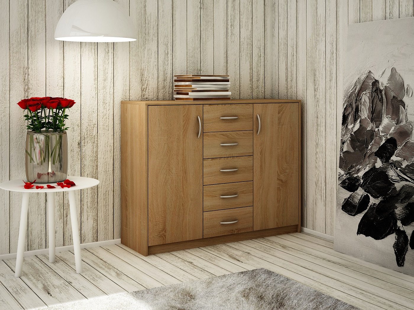Home Collective Kommode mit 5 Schubladen und 2 Türen in matter Ausführung, Kommode 110cm breit (mit hochwertigen Polymergriffen, aus laminierter Platte gefertig – Bild 4 von 4