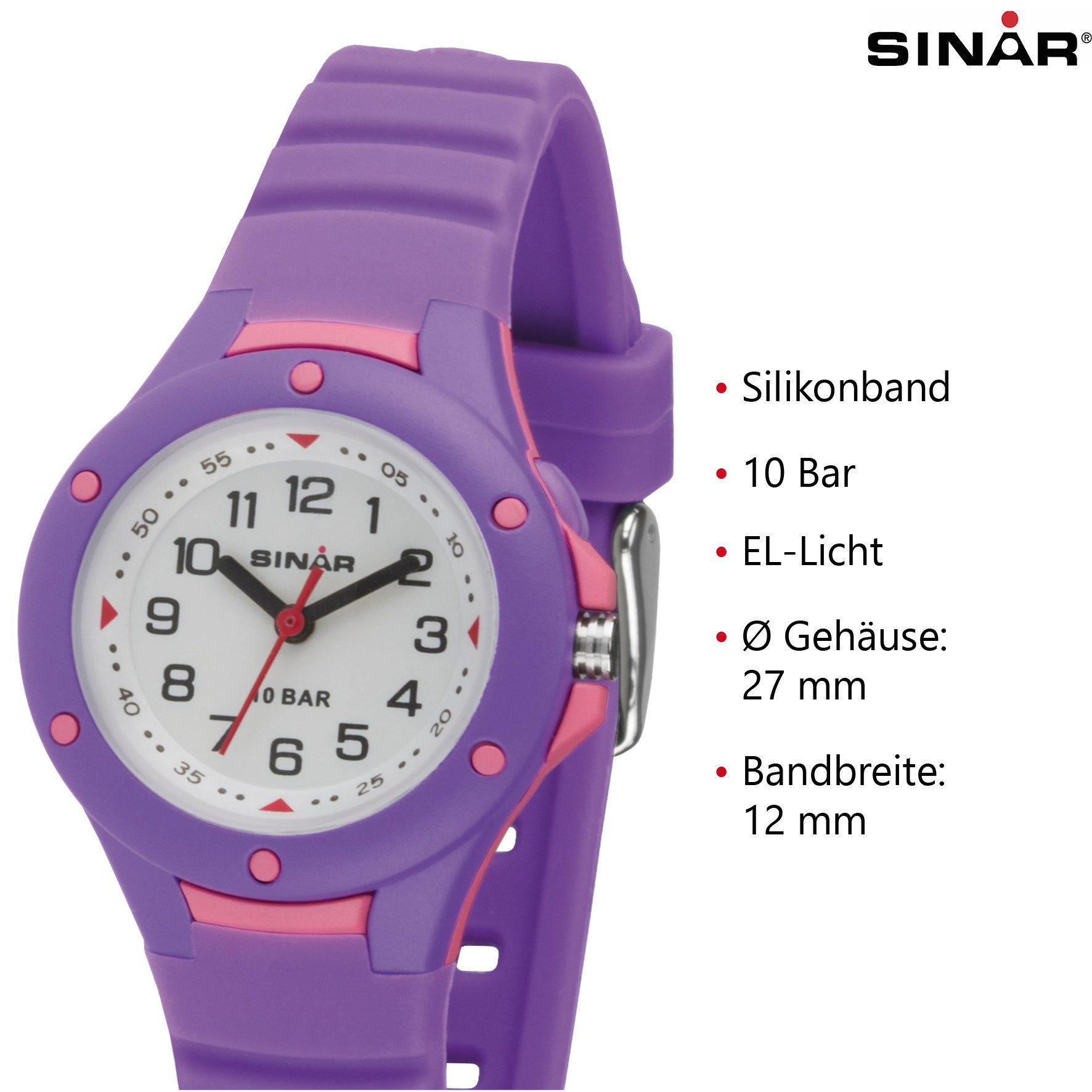 SINAR Quarzuhr XB-17 Jugenduhr Sportuhr Silikonband 10 bar, analog sportlich modern Geschenkidee Jugend Kids Ø 29 mm