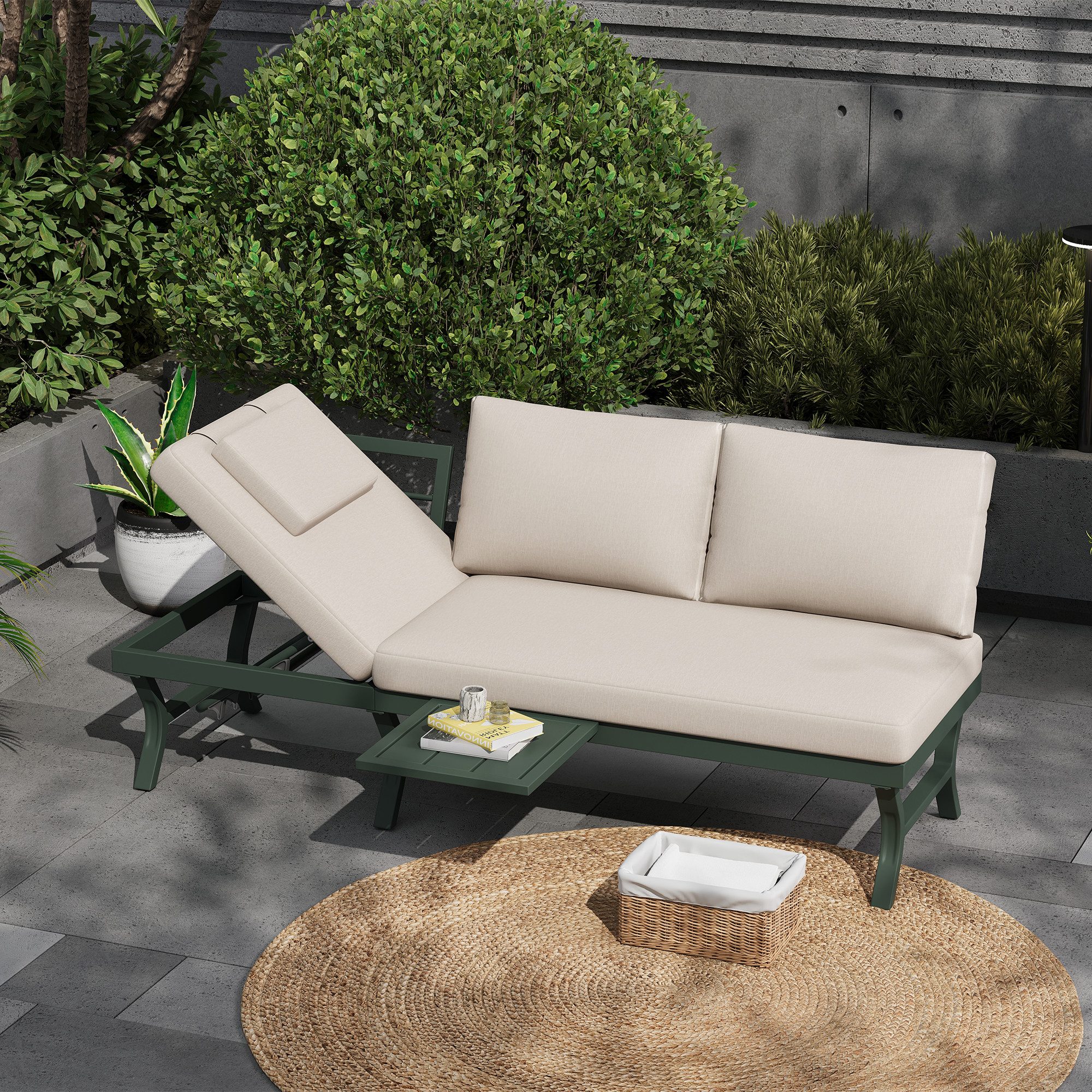 HAUSS SPOLE Gartensofa mit Liegefunktion,Outdoorsofa Gartenmöbel mit Kopfstütze&Tisch,Grün, Gartenbank mit verstellbarer Neigungsfunktion (5-stufig, bis 55), 3-Sitzer-Sofa mit verzinktes Stahlrohr mit eine Tabelle