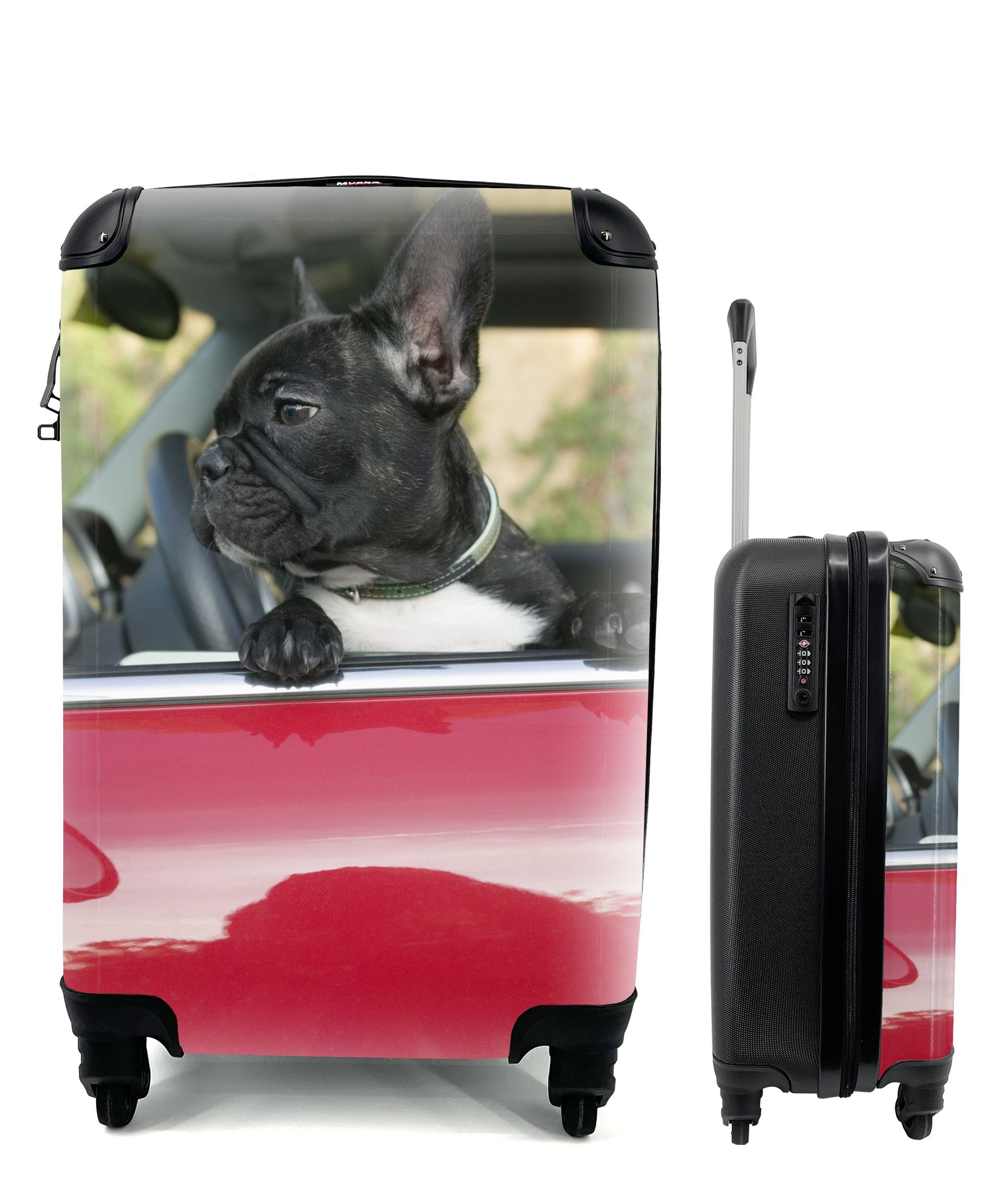 MuchoWow Handgepäckkoffer Französische Bulldogge - Auto - Rot, 4 Rollen, Reisetasche mit rollen, Handgepäck für Ferien, Trolley, Reisekoffer