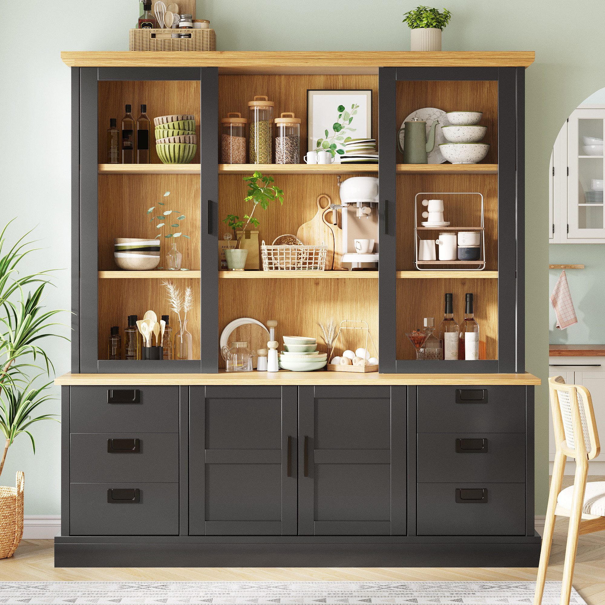 Flieks Küchenbuffet Glasvitrine Hochschrank mit 2 Glastüren und 6 Schubladen (1-St., B140/T40/H185 cm) Mehrzweckschrank Multifunktionsschrank Bücherregal Schwarz & Natur