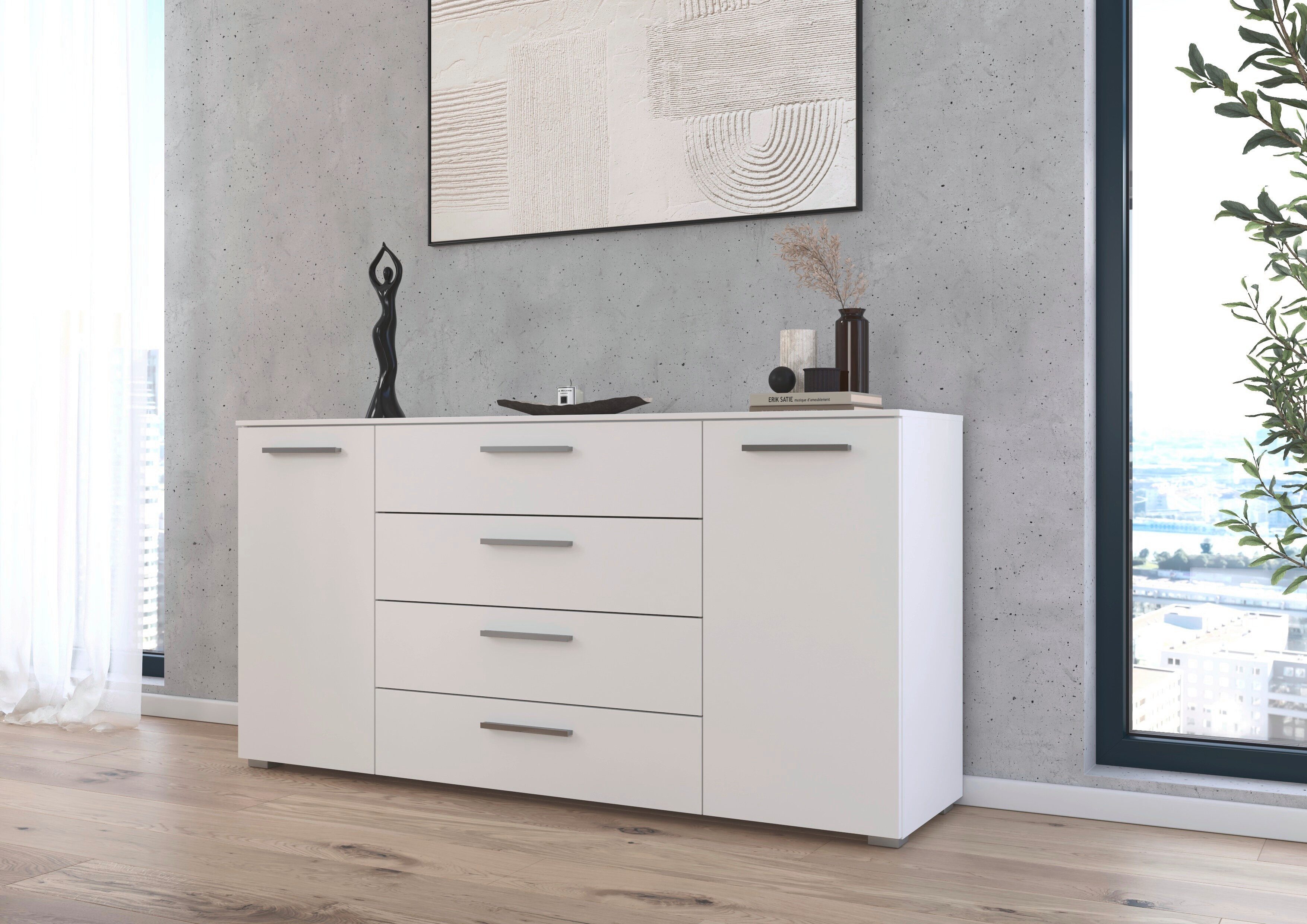 rauch Kombikommode Sideboard Schubkommode Kommode MONTCLAR Front Dekor/Hochglanz/Glas (Breite 160 / Höhe 81 cm, 2 Einlegeböden, inkl. Soft-Close-Funktion), 2-türig, 4 geräumige Schubladen, viele Griffvarianten MADE IN GERMANY