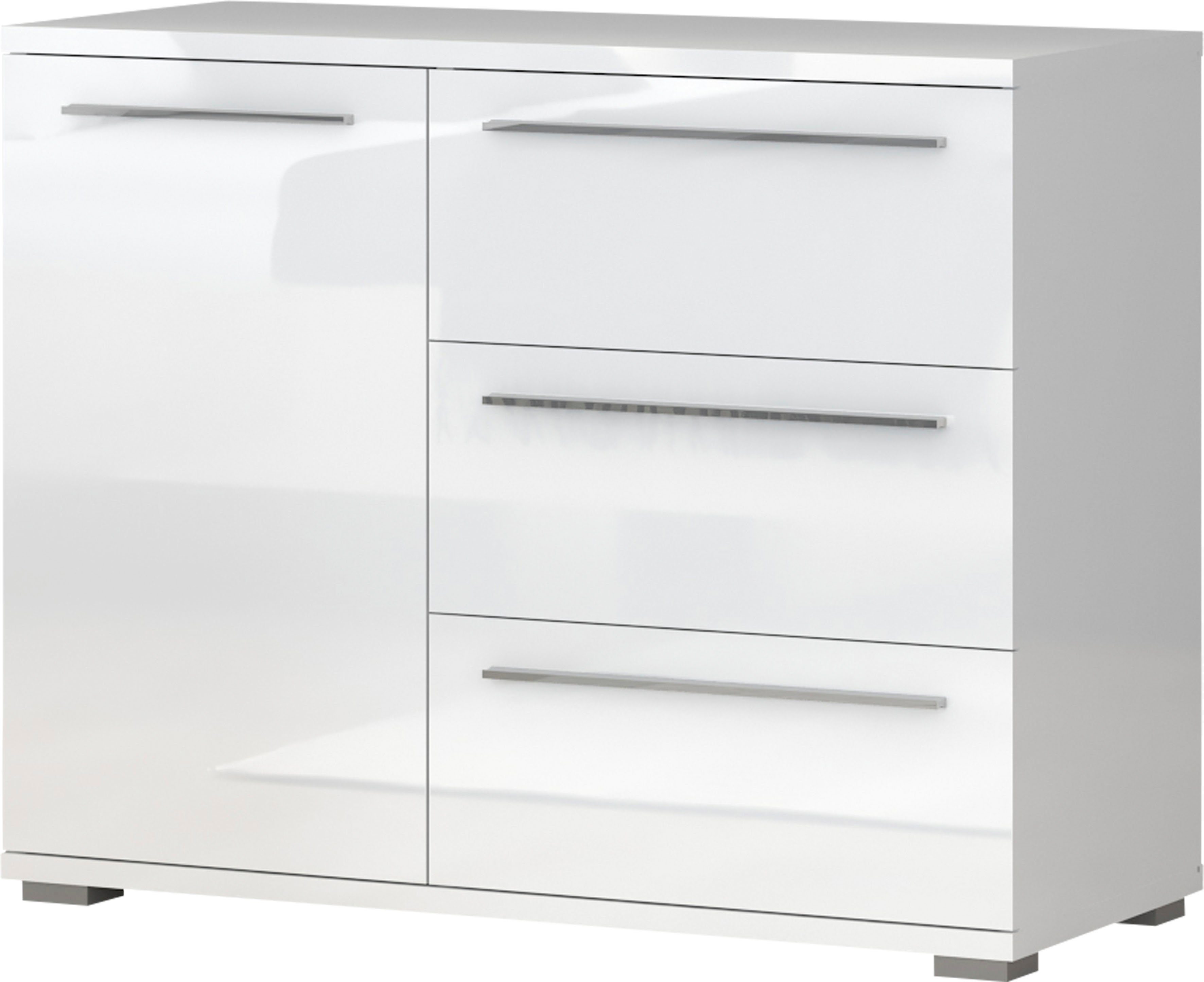 Places of Style Kommode Piano, UV lackiert, hochglänzend in beige oder weiß, FSC-zertifiziert (107x45x85cm (B/T/H), 1-türig mit 3 Schubladen, Soft-Close Funktion