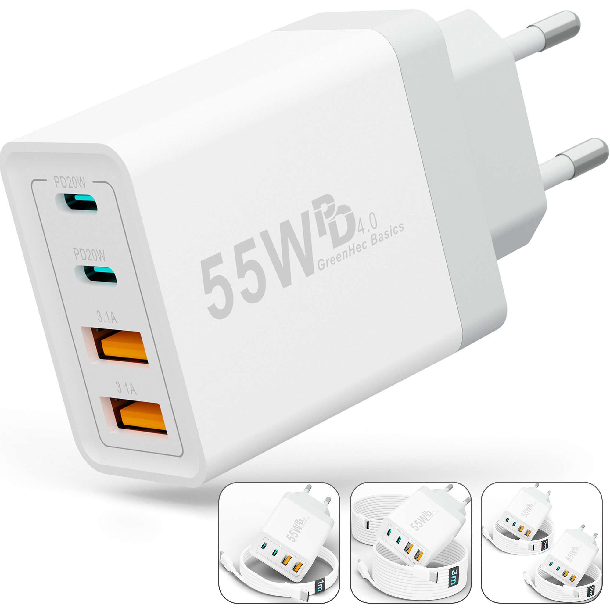 GreenHec Ladegerät USB-C iPhone mehrfach Charger Handy Stecker Adapter Netzteil Schnelllade-Gerät (0,00 mA, set, 55w Quatro Charger, iPhone 17 16 15 14 13 12 iPad, Schnell, 55w Multiport, Kabel, 2er Pack)