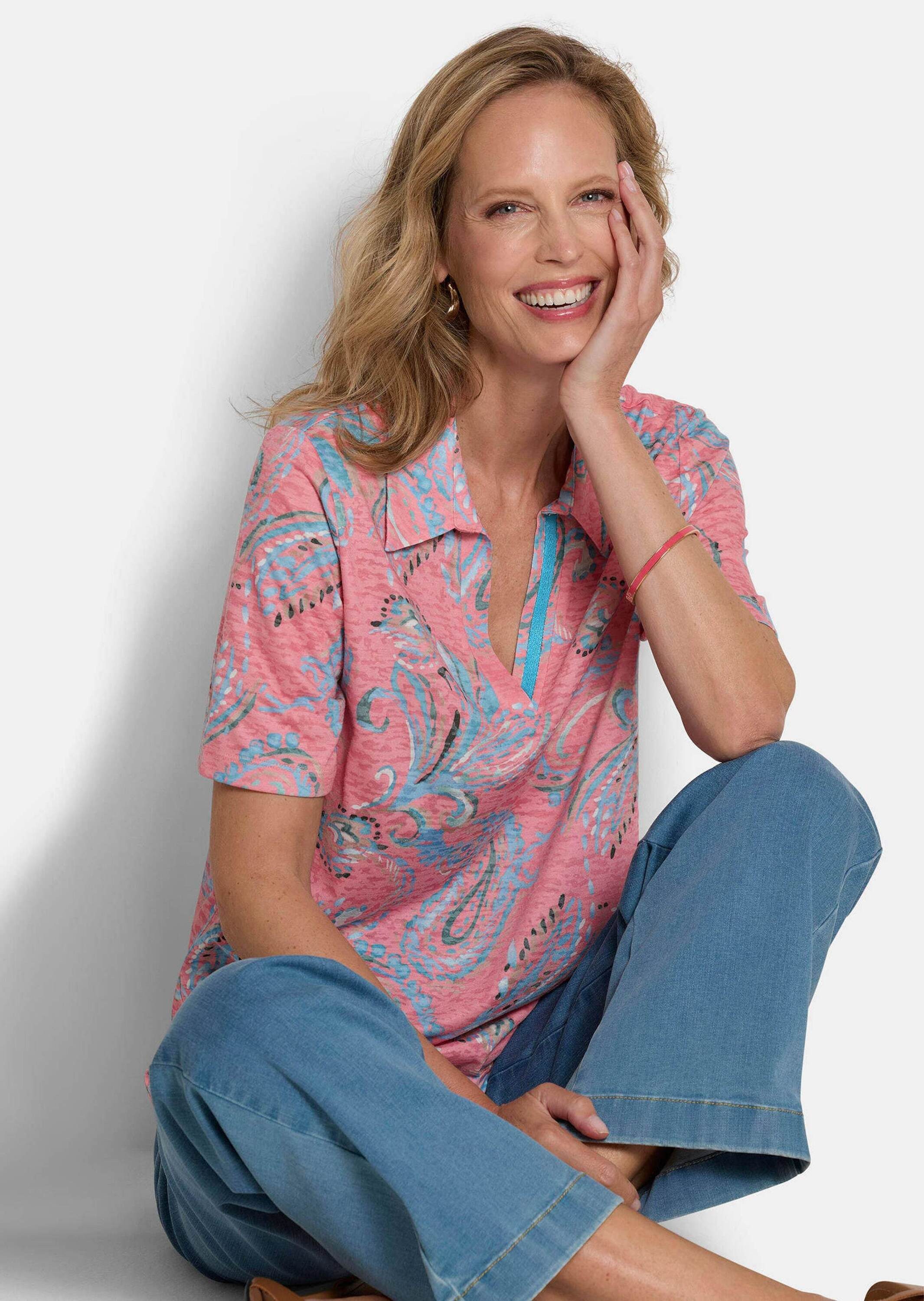 GOLDNER Print-Shirt Blusenshirt mit Paisley-Muster Ausbrenner-Shirt mit Hemdkragen, V-Ausschnitt und Halbarm