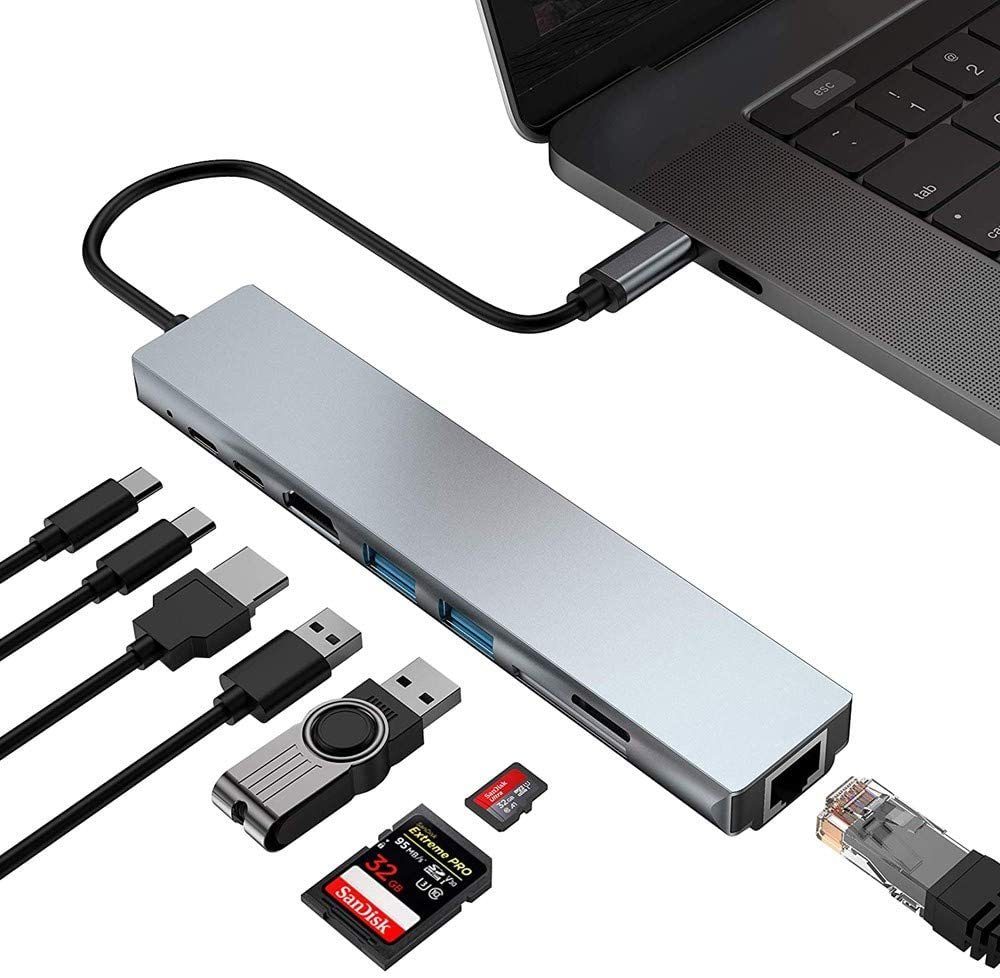HYTIREBY Laptop-Dockingstation USB C Hub Multiport Adapter 8 in 1 Dongle USB Typ C, (1 St), für iPhone Samsung iPad Adapter