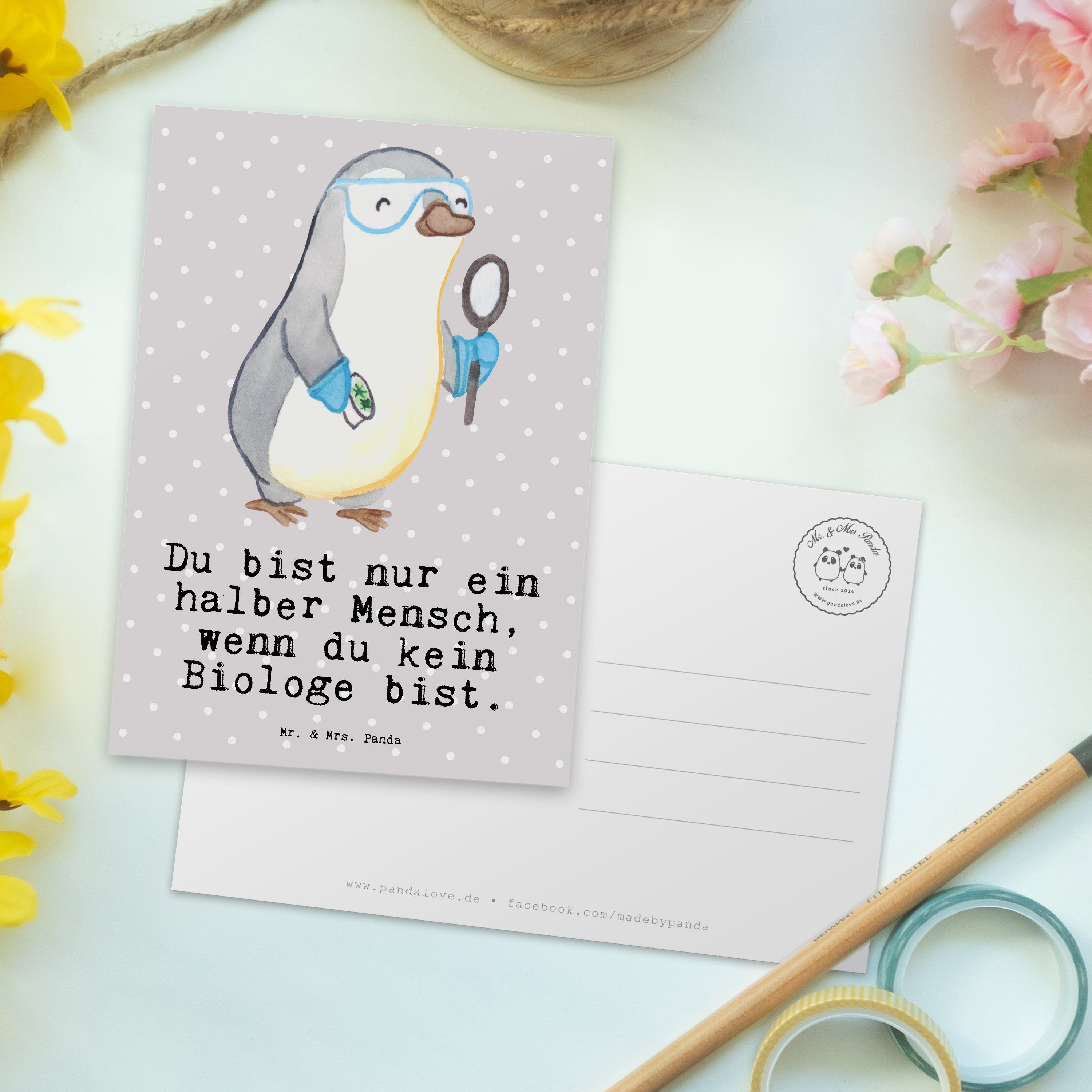 Geschenk, & mit Postkarte Biologe - Herz - Geburtstagskarte, Panda Mrs. Grau Biologi Pastell Mr.