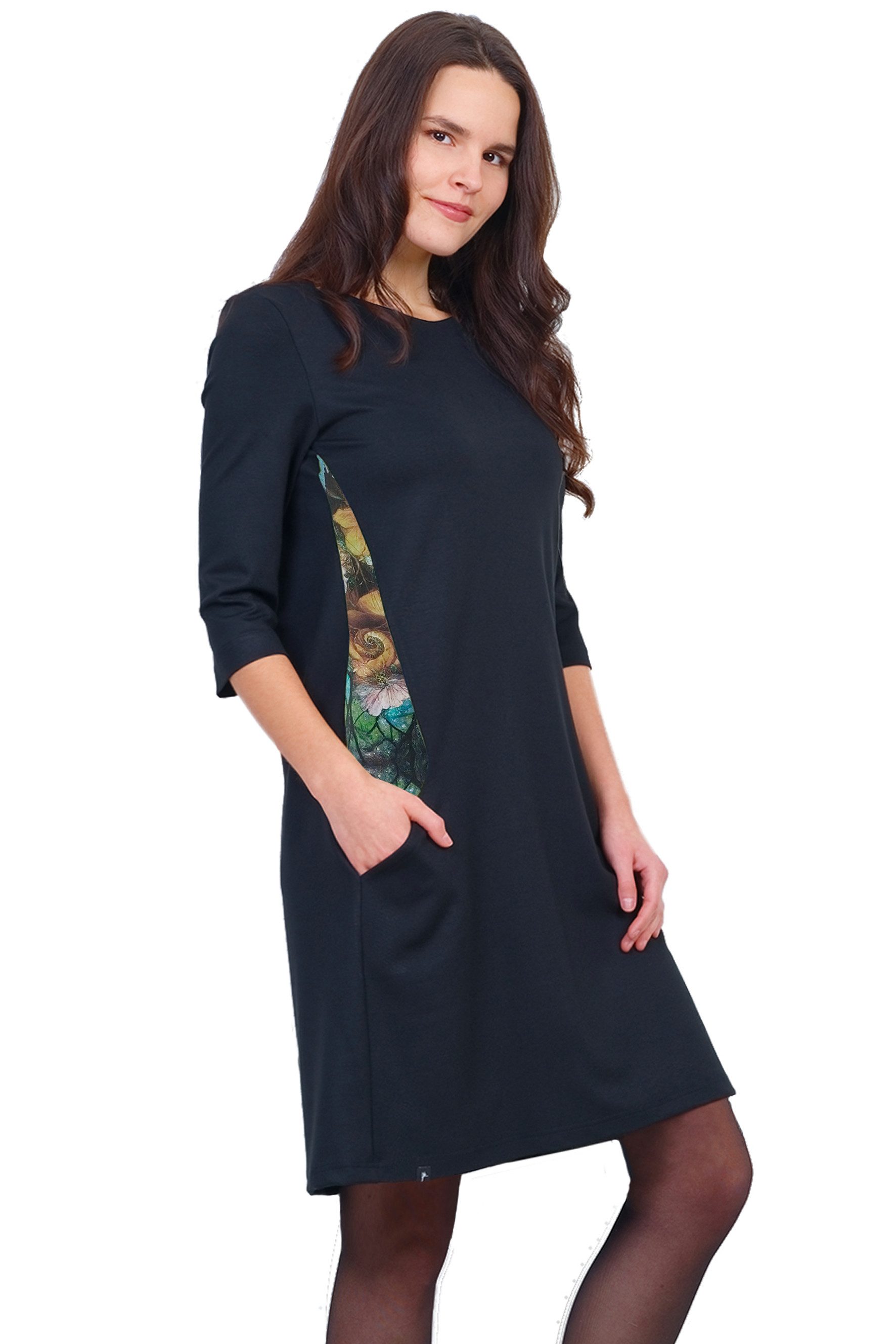 3Elfen A-Linien-Kleid A Linien Kleid Katrinchen schwarz Blätter by 3Elfen