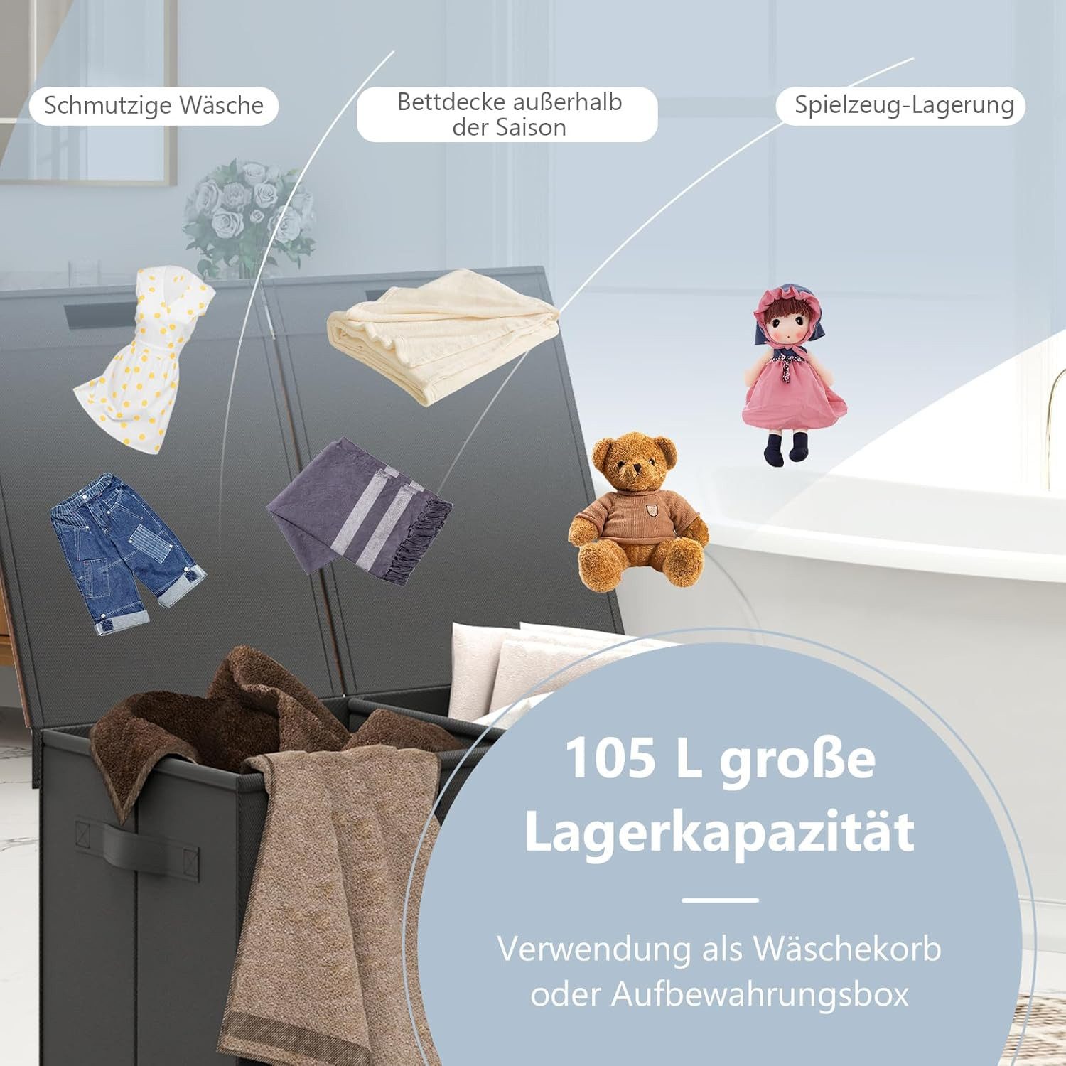 KOMFOTTEU Wäschekorb, 105L Wäschesammler mit Deckel & 2 abnehmbaren Wäsches günstig online kaufen