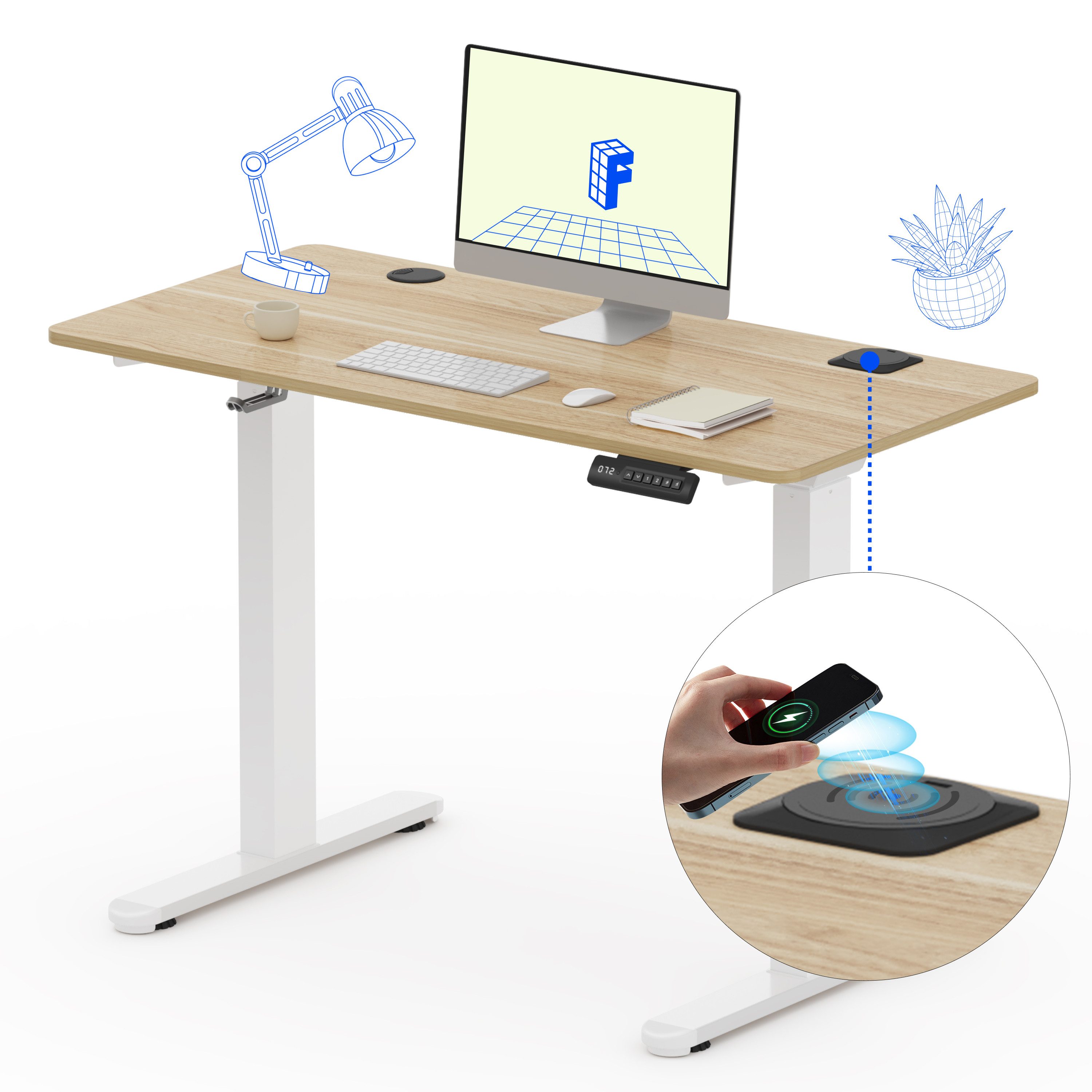 FLEXISPOT Schreibtisch Sitz-Steh-Tisch mit Memory-Funktionen (inklusive kabelloses Ladegerät, 110X54/140X70/ 160X70/ 180X80/ 200X80 CM), Dual-Motor, 4 Speicherplätze, Anti-Kollisionssystem