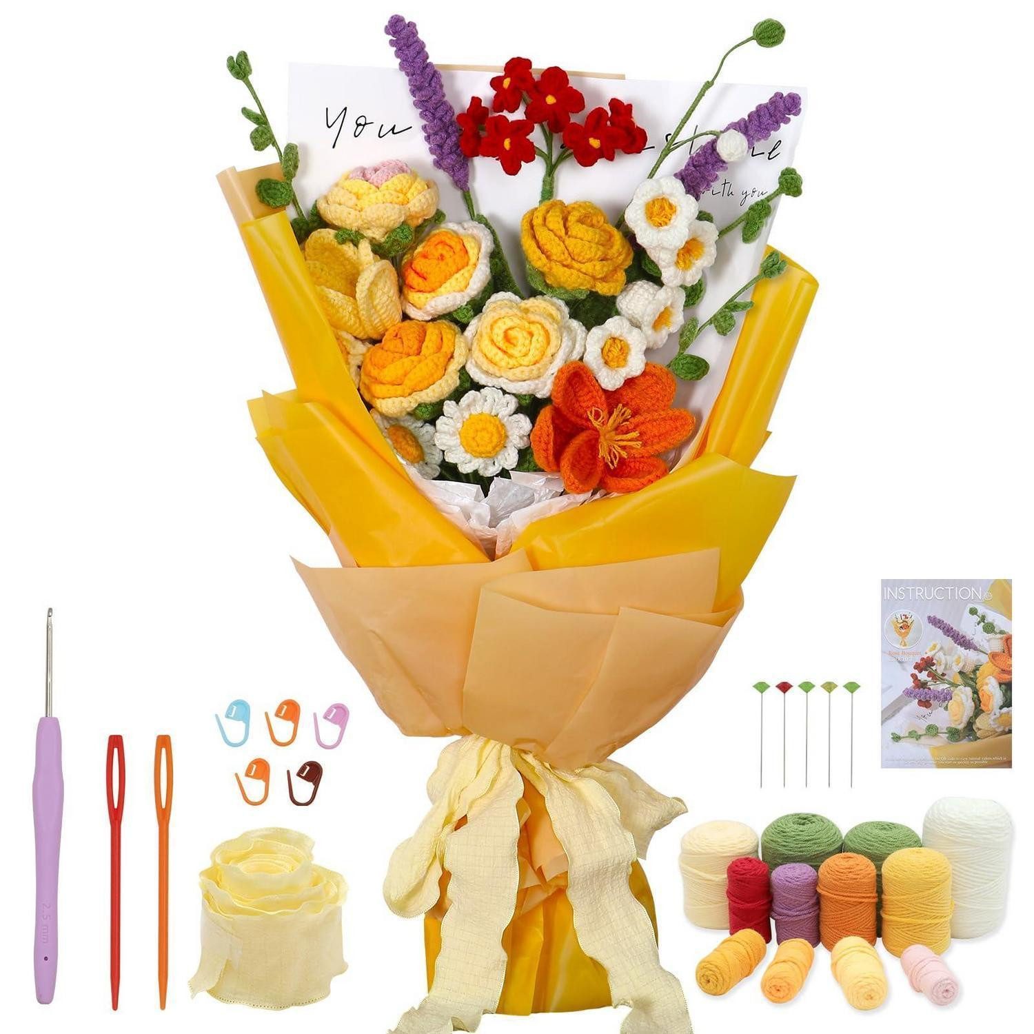 LuxusKollektion Häkelnadeln Häkelset Blumenstrauß Gelbe Rose Anfänger Kit, 1 St.