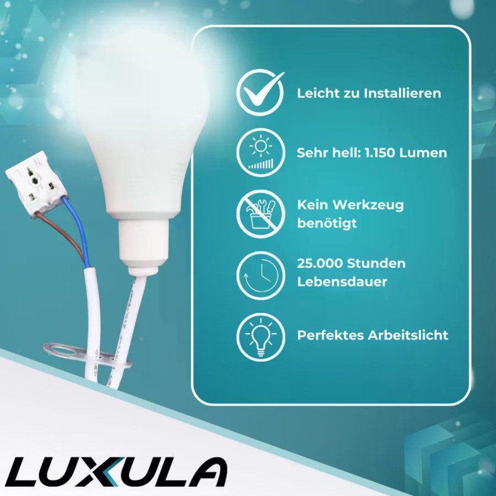LUXULA LED-Leuchtmittel Renovierungslampe mit Klemme, E27, 4000K Neutralweiß, 11W Baustellenlampe Weiß