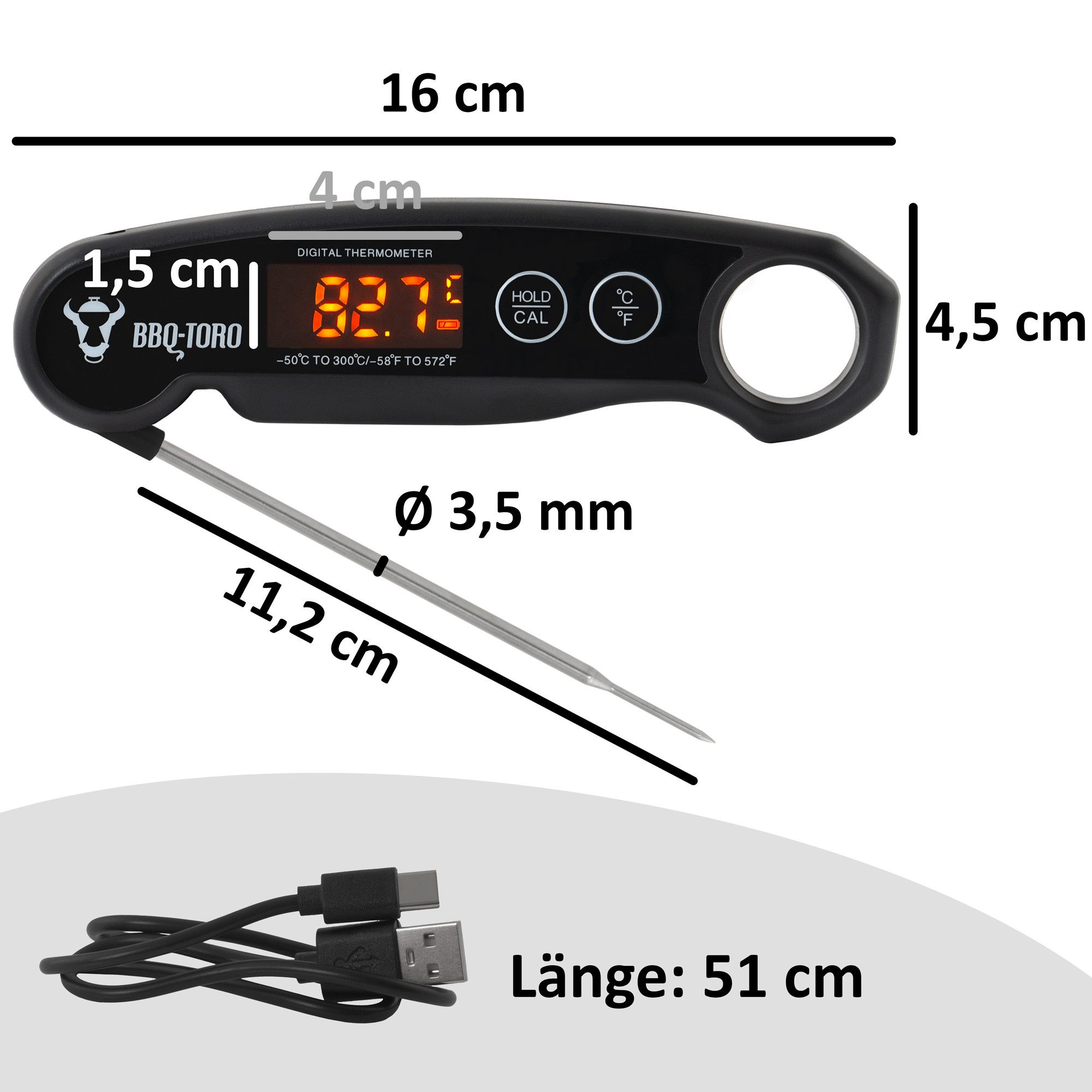 BBQ-Toro Grillthermometer Bratenthermometer wiederaufladbar mit LCD Display, digital, 2-tlg., Wiederaufladbar