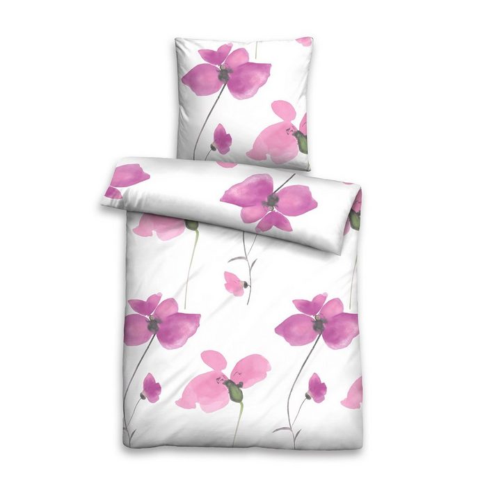 Bettwäsche Seersucker Traumschloss Seersucker 2 teilig fliederfarbende Blüten auf weißem Hintergrund