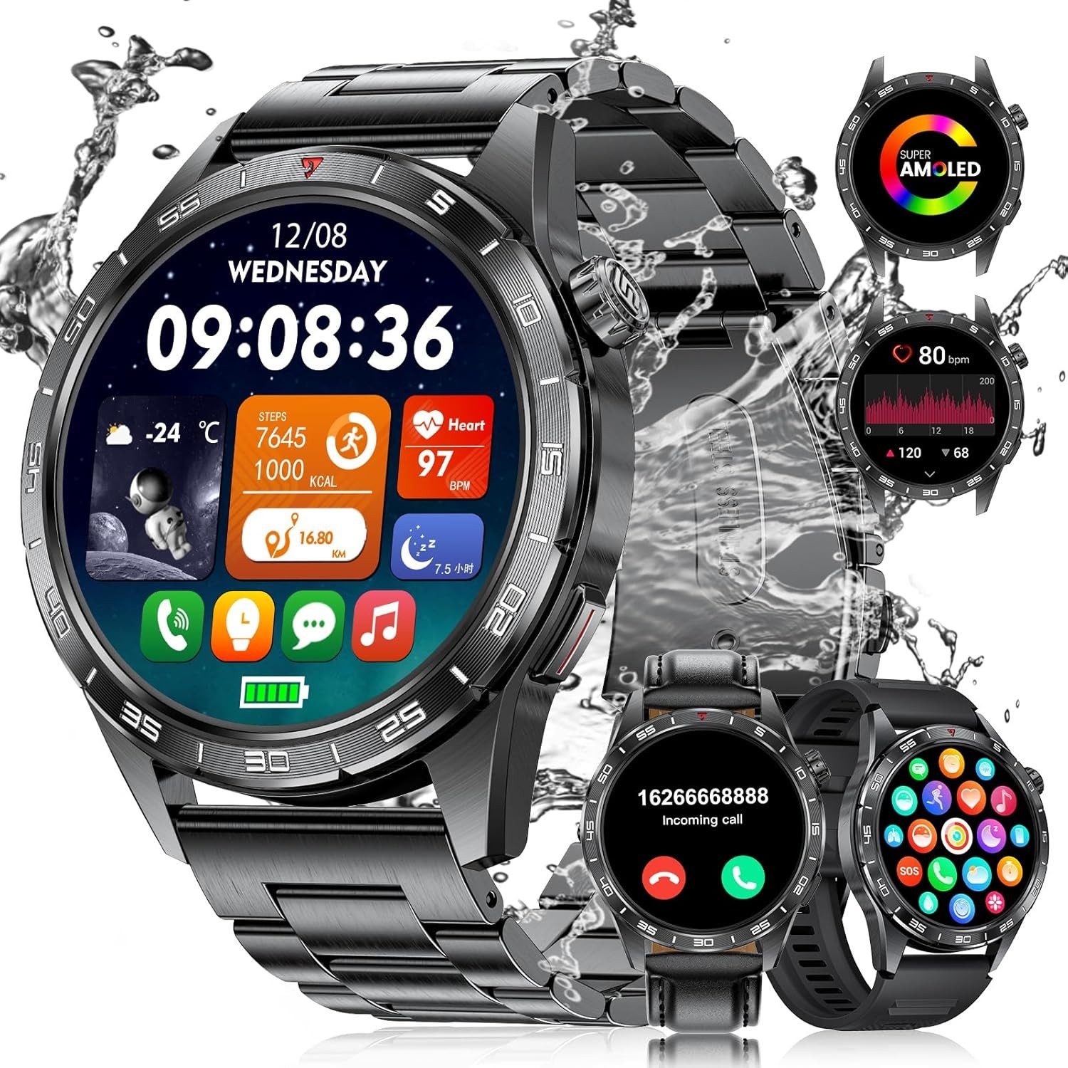 BENYAR SML3-Z Smartwatch (3,6 cm, android ios), Smartwatch mit AMOLED Display Telefonfunktion Militärdesign IP68
