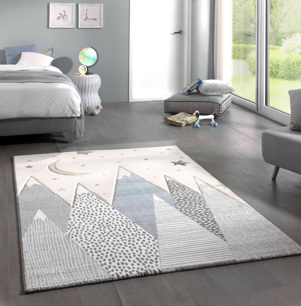 Carpetia Kinderteppich Teppich Kinderzimmer mit Bergen pastell blau grau, rechteckig, Höhe: 13 mm