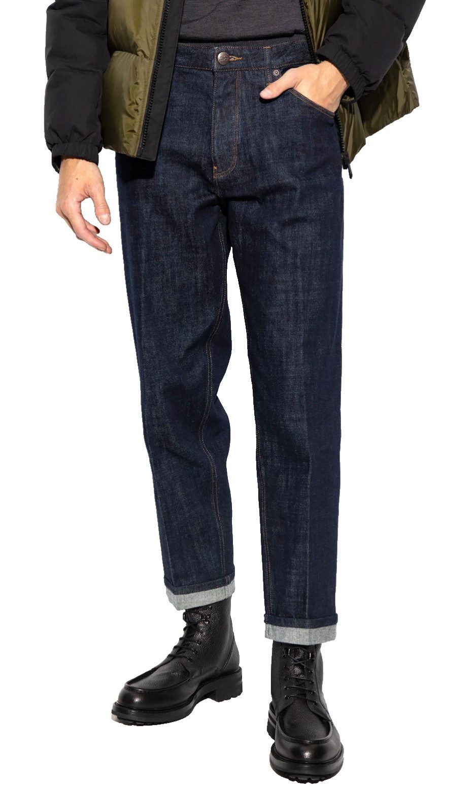 Emporio Armani 5-Pocket-Jeans Loose Fit Hose Navy Blue Denim aufgeschlagene Saum klassische Handwerkskunst mit modernem Retro-Charme
