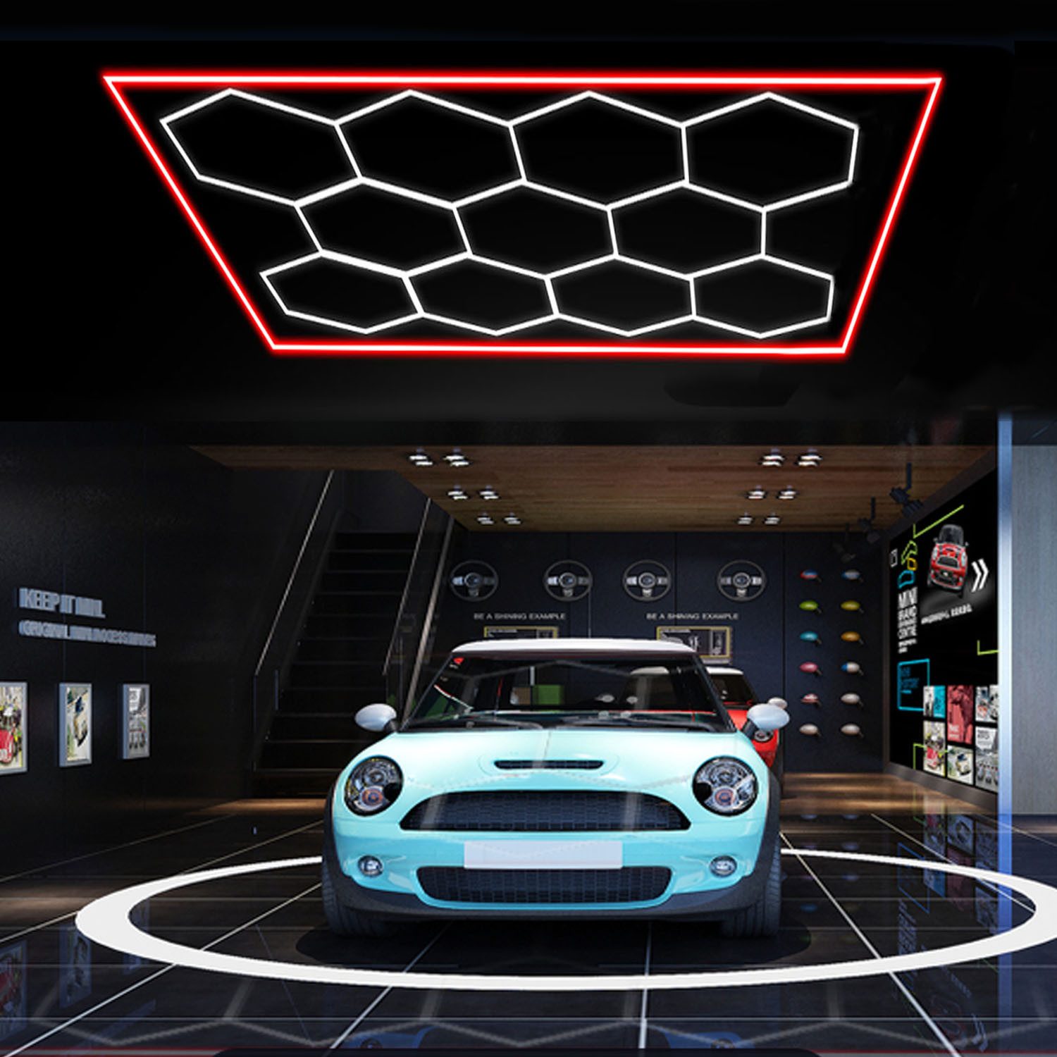 oyajia Deckenleuchten 11 Packs Hexagon mit Rot Rand, LED Deckenleuchte Garagenleuchte 500W, LED fest integriert, Kaltweiß, LED Garage Light für Garage, Studio,  – Bild 3 von 5