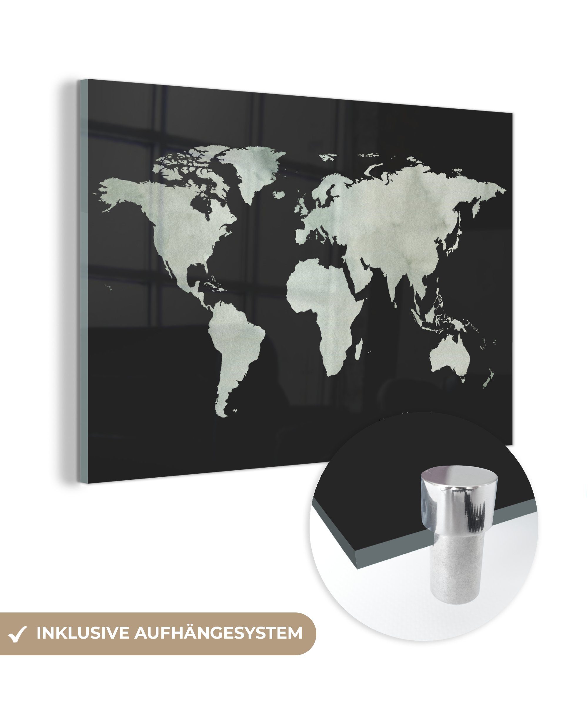 - Foto auf Weltkarte Wanddekoration St), Glasbilder Grau - Glas (1 Bilder MuchoWow - - Glas - auf Schwarz, Wandbild Acrylglasbild