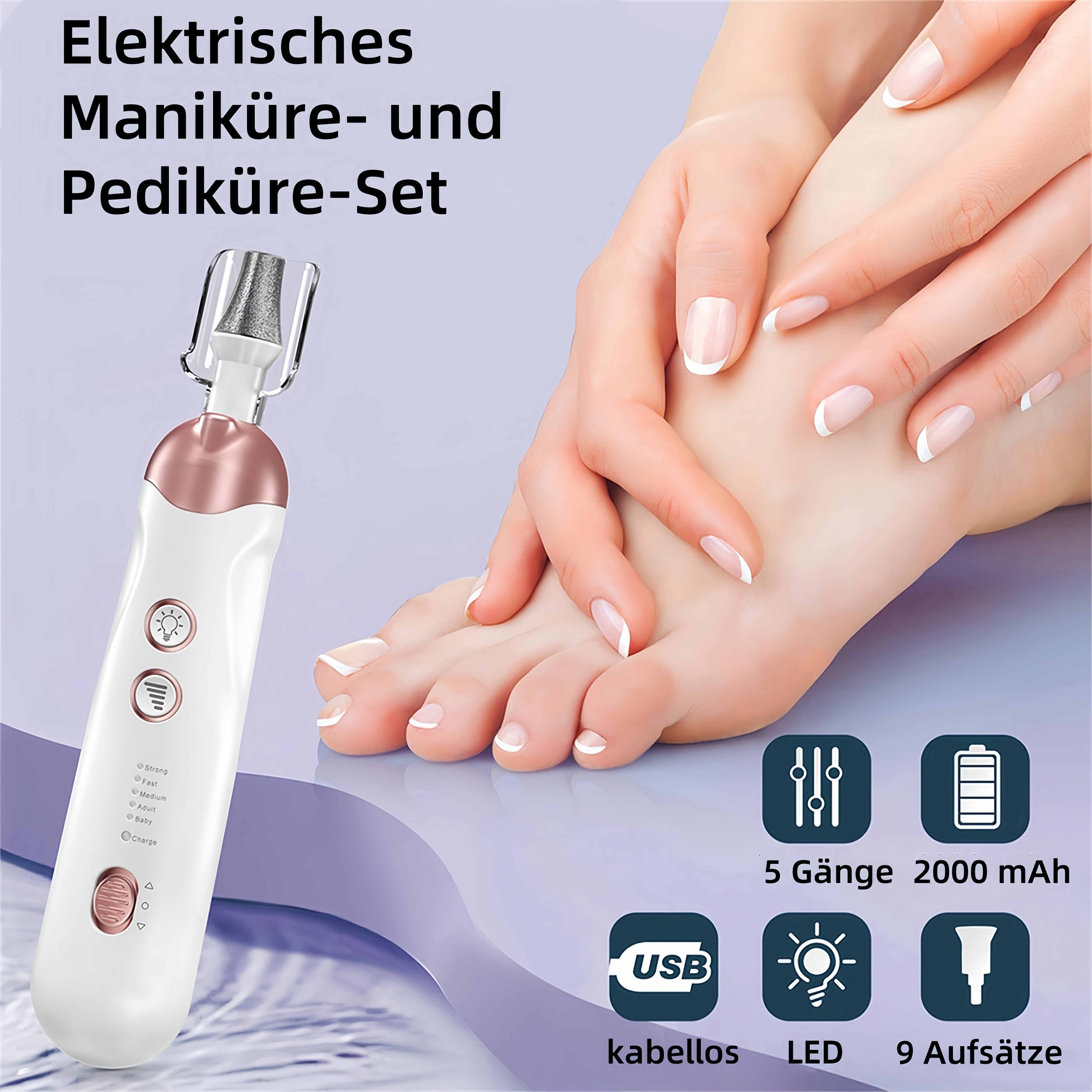 CkeyiN Maniküre-Pediküre-Set Akku-Nagelfeile mit 8 Aufsätze zur Nagelpflege 5 Geschwindigkeiten, 8-tlg., Nagelfräser für Gelnägel mit Schutzkappe und LED Licht
