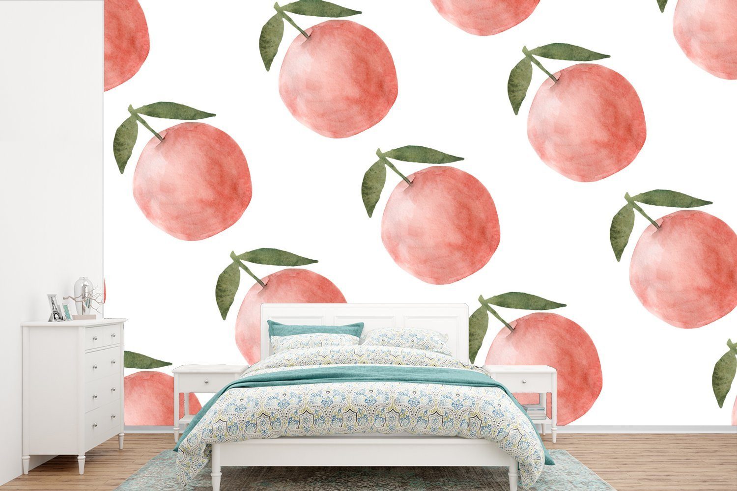 MuchoWow Fototapete Äpfel - Obst - Schablonen, Matt, bedruckt, (6 St), Wallpaper für Wohnzimmer, Schlafzimmer, Kinderzimmer, Vinyl Tapete