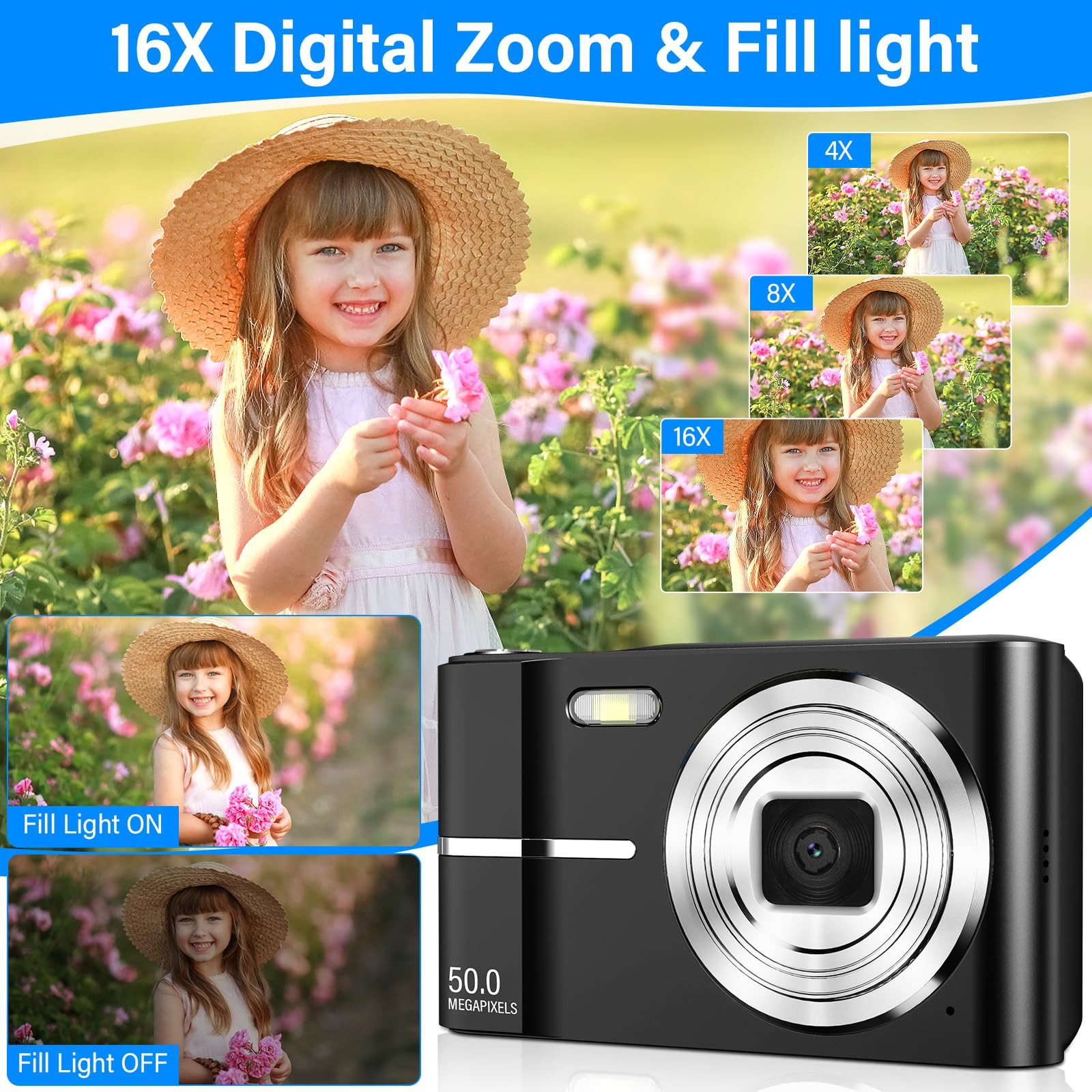 Kityhome Kompaktkamera Digital – Digitalkamera mit Digitalzoom, Fotokamera Kompaktkamera (50 MP, 1080P, 16x optischer Zoom, 2,4 Zoll Bildschirm, Webcam-Funktion)