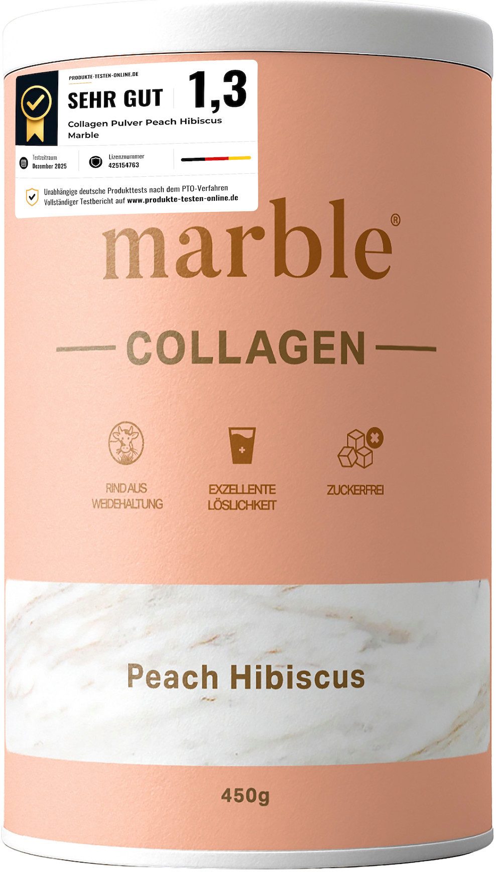 Marble Kollagen Pulver Hibiskus Pfirsich 450g –Peptide Typ 1, 2 & 3 - marble® Pulver, 1 er Packung à 1 St., 450 g, Pappdose ohne Plastik, Umweltschonend