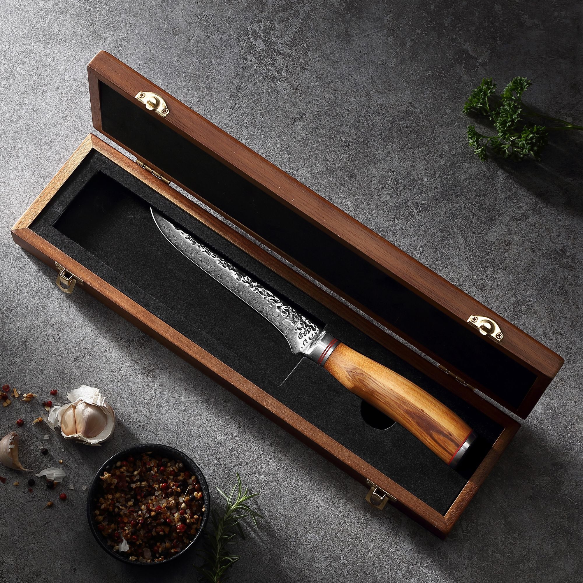 ZAYIKO Ausbeinmesser Minami Damast Filetiermesser Küchenmesser 16,5 cm Klinge Olivengriff, Damaststahl, VG10-Kern, Hammerschlag