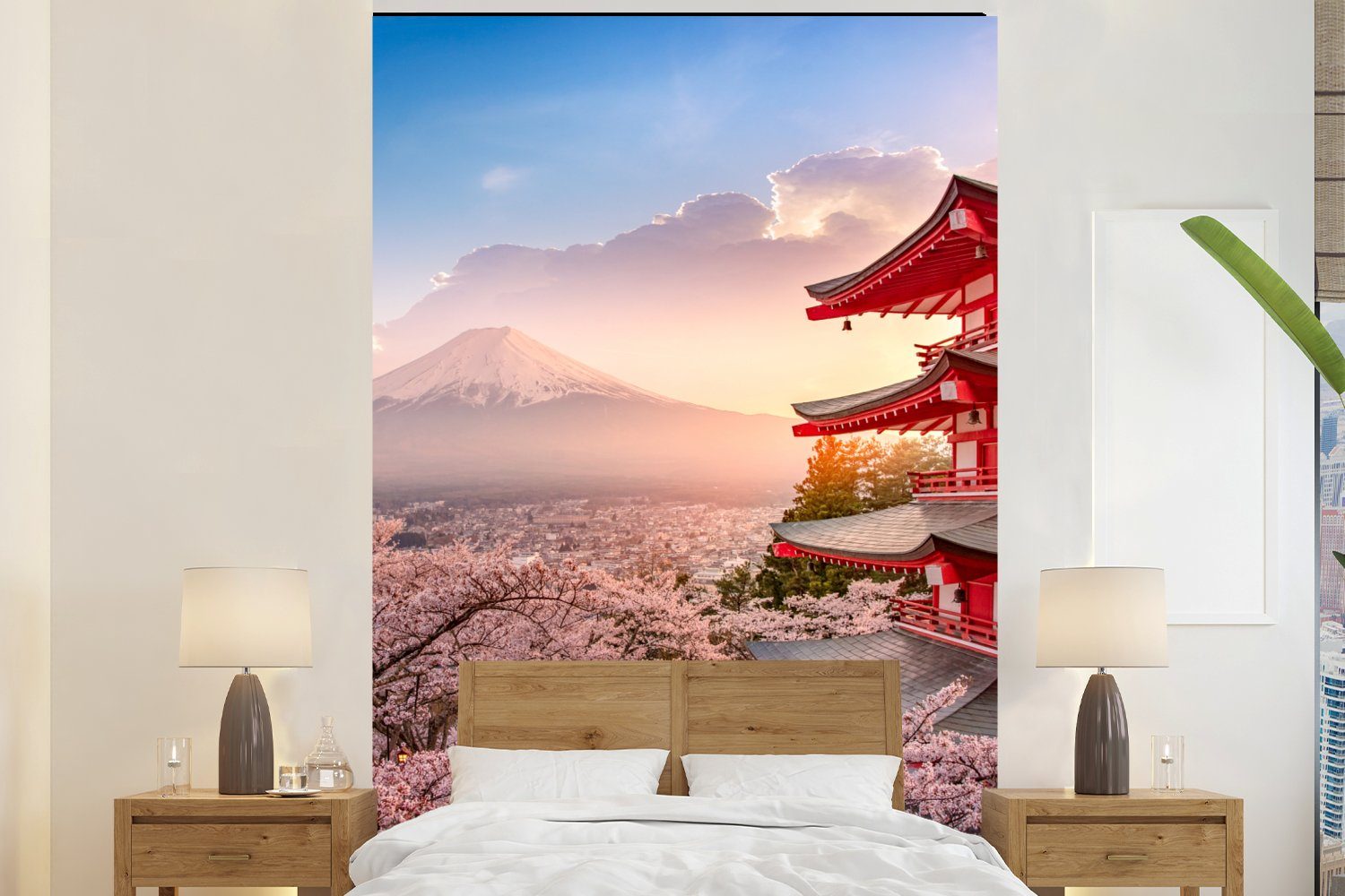 MuchoWow Fototapete Pagode - Sakura - Fuji - Blütenzweige - Japan, Matt, bedruckt, (3 St), Montagefertig Vinyl Tapete für Wohnzimmer, Wandtapete