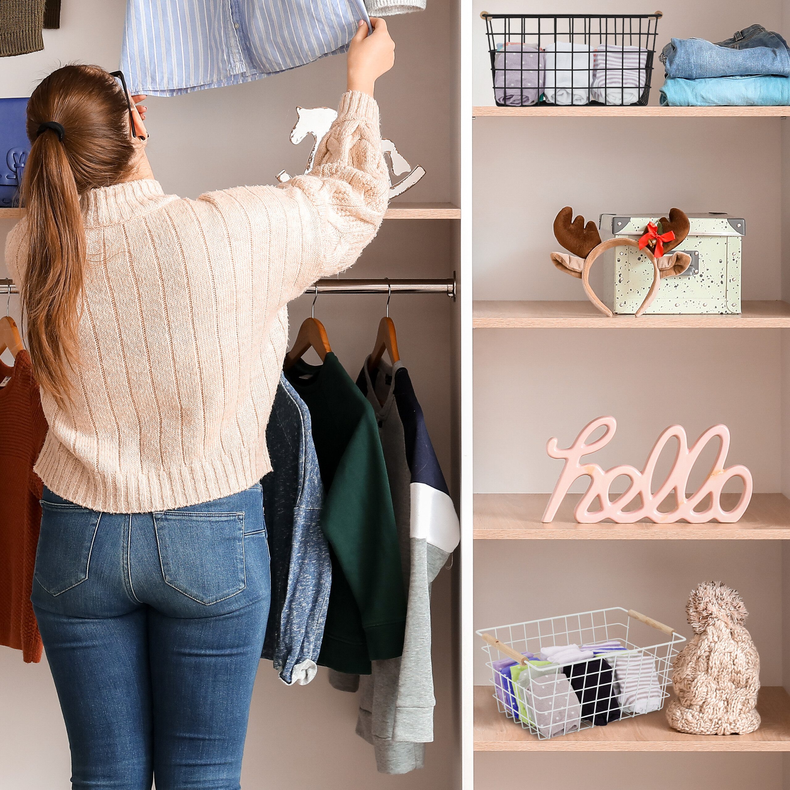 relaxdays Drahtkorb mit Holzgriffen 2er Set (Set, 2 St., 2er Set), weiß