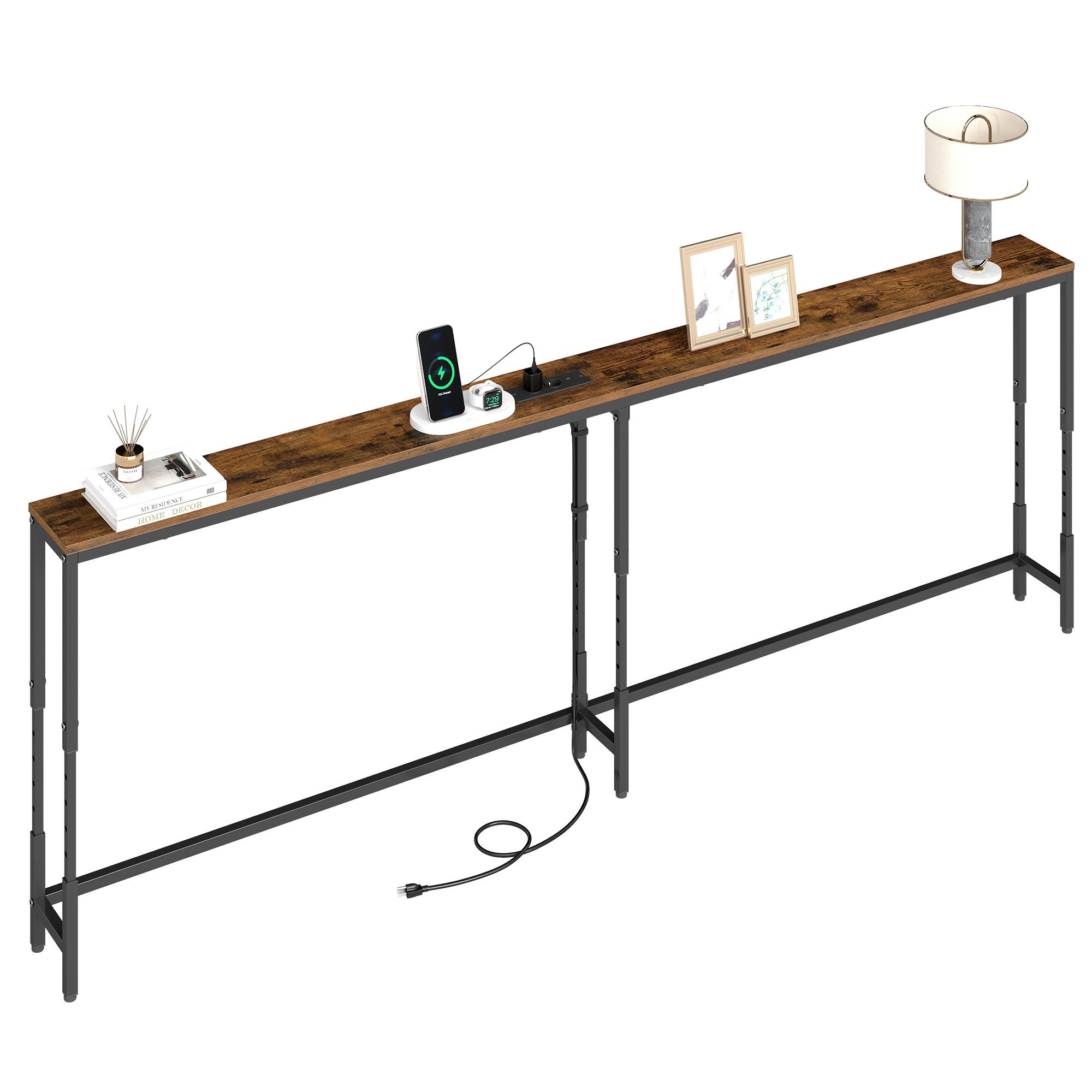 VASAGLE Konsolentisch Höhenverstellbarer Schmaler Sofatisch mit Steckdose, 200 x 15 x (64-89,4) cm, für Wohnzimmer